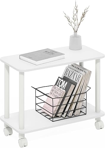 Furinno Turn-N-Tube - Mesa auxiliar rectangular de 2 niveles con ruedas, mesita de noche de esquina redonda, mesita de noche con estante abierto,