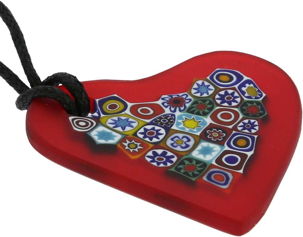 Glass Of Venice Murano Glass Matte Millefiori Heart Necklace - Red