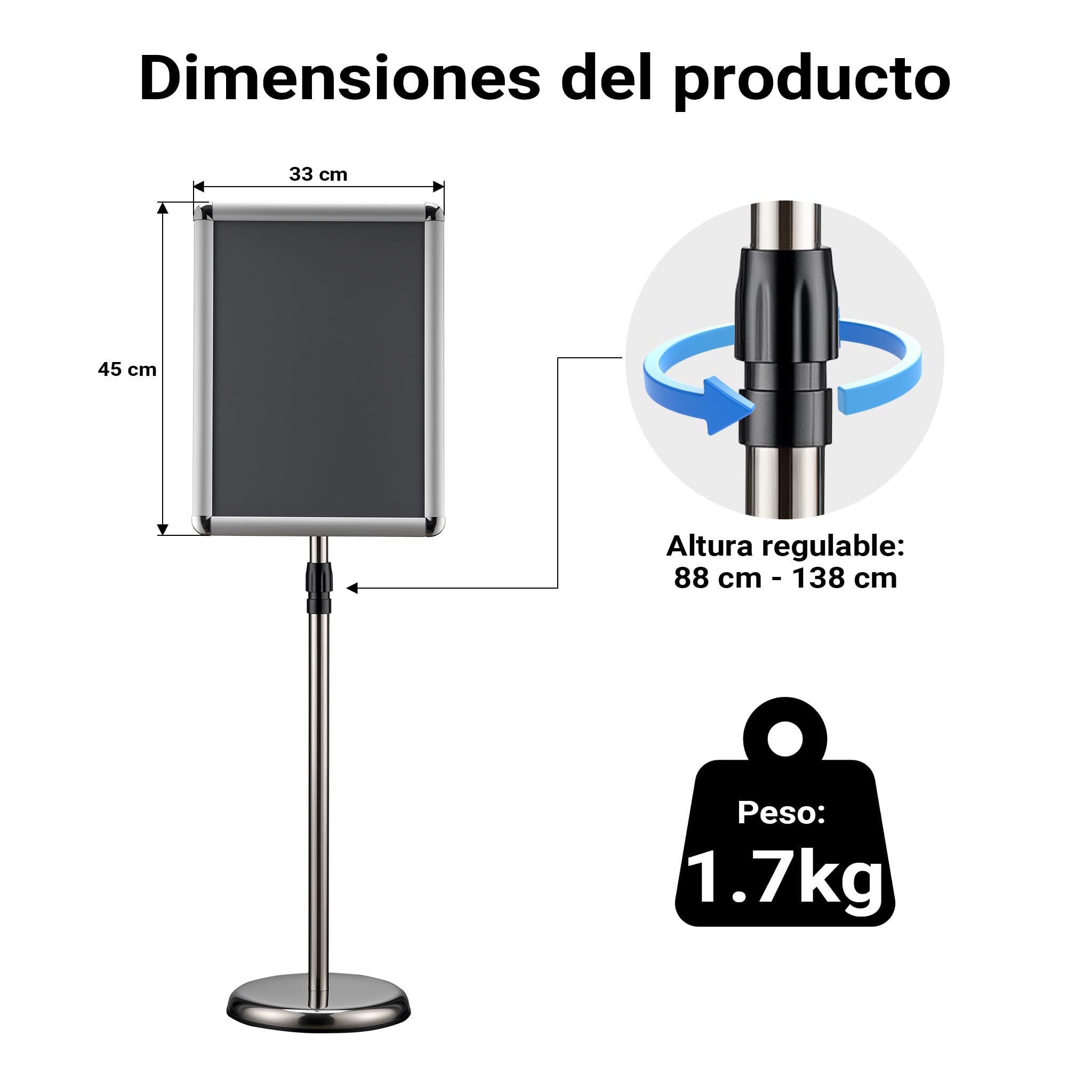 WilTec Soporte para carteles A3 de pie altura ajustable 88-138 cm en aluminio y acero inoxidable, soporte de presentación información, documentos, folletos, soporte publicitario versátil
