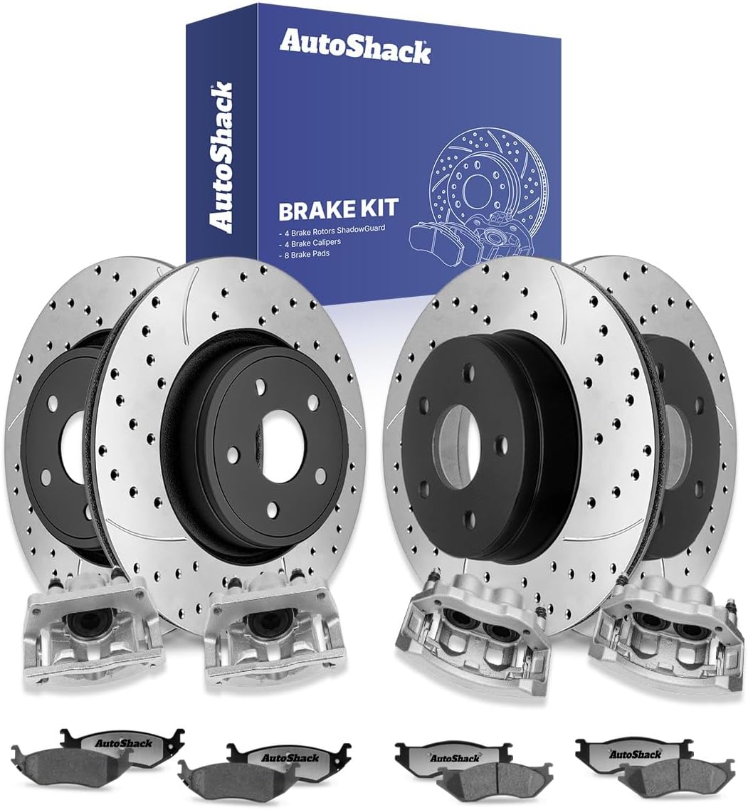 AutoShack Front & Rear Brake Rotors, Ceramic Pads & Calipers for Dodge, Ram 1500 2002-2004 Durango 2004, 4WD RWD V6 3.7L V8 4.7L 5.7L 5.9L - E-Coated Drilled & Slotted - ShadowGuard