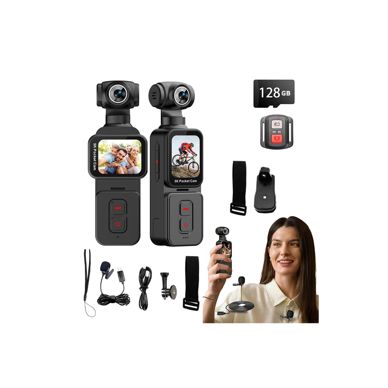 5K Handheld Action Camera, Portable Pocket Vlogging Camera with Image Stabilization, 270° Rotatable Wide-Angle Lens, Rotating Touchscreen, WiFi, Remote & App Control for Travel Sports (128G)