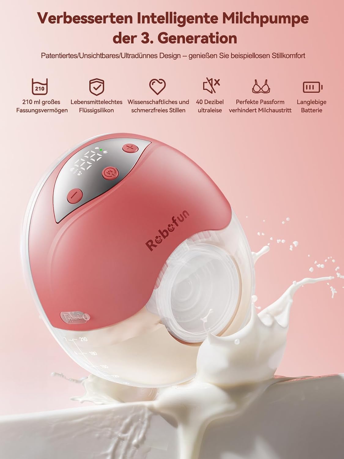 2 Stück elektrische Milchpumpe, Freisprecheinrichtung, doppelt, leise, 4 Modi und 12 Saugstufen, elektrische Milchpumpe mit Staubschutz, 19 mm/21 mm/24 mm, Rosa