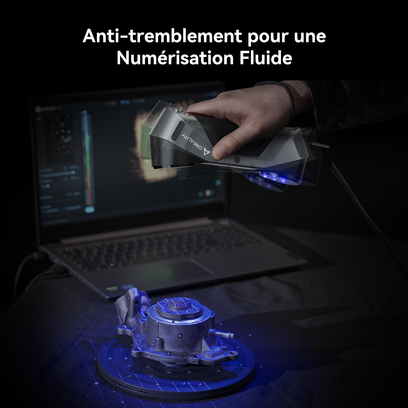 Creality CR-Scan Raptor Scanner 3D, 60 PFS, Portable, Prend en Charge le Mode Double Lumière Bleue/Proche Infrarouge, Précision 0,02 mm, 5mm-2000mm Numérisation/Rétro-Ingénierie de Pièces Automobiles