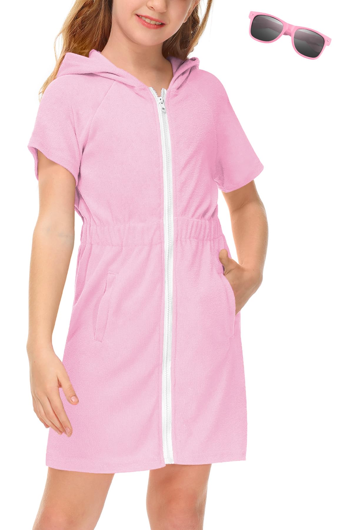 BesserBay Girls Swim Cover Up Beach Bathing Suit Coverups for Swimwear Zip-Up Terry Cloth Robes with Sunglasses 6-14 Years