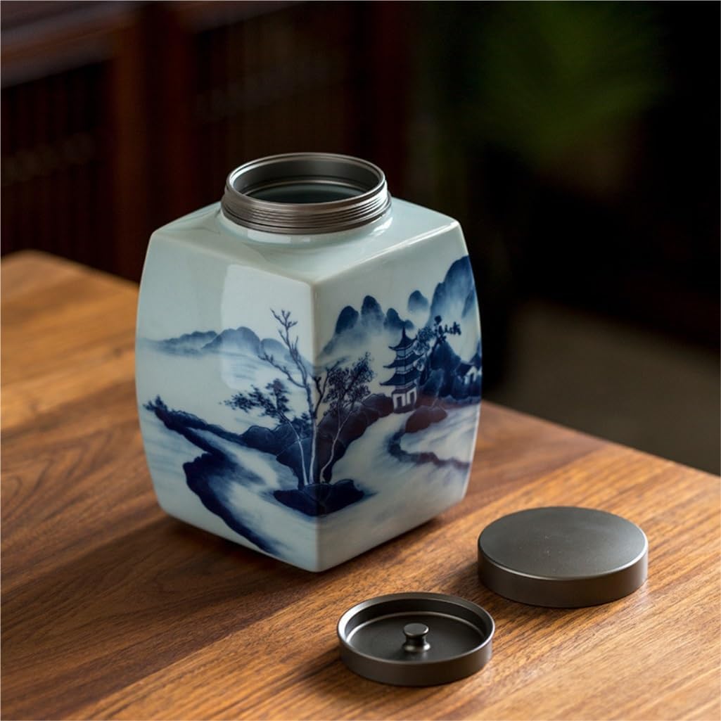 SONGCHAO Sugar Jar Retro Hand-Painted Blue and White Ceramic Tea Storage Jar Kitchen Nut Coffee Bean Cereal Sealed Jar Food Storage Jar Tea Canister