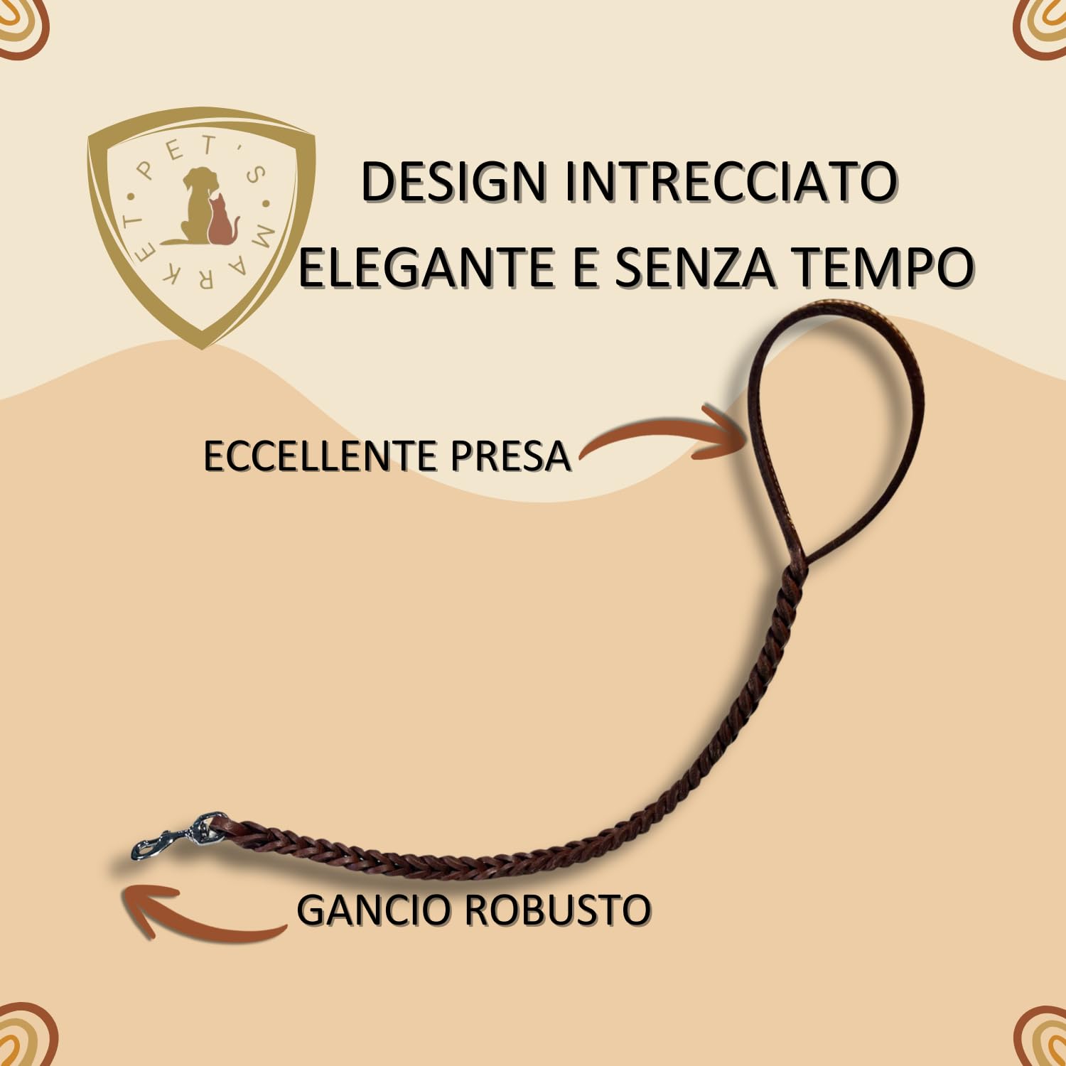 Pet's Market Guinzaglio Cane Cani 90 cm in Cuoio Doppia Treccia Color Marrone Scuro Presa Comoda Gancio Robusto (90 cm Marrone Scuro)