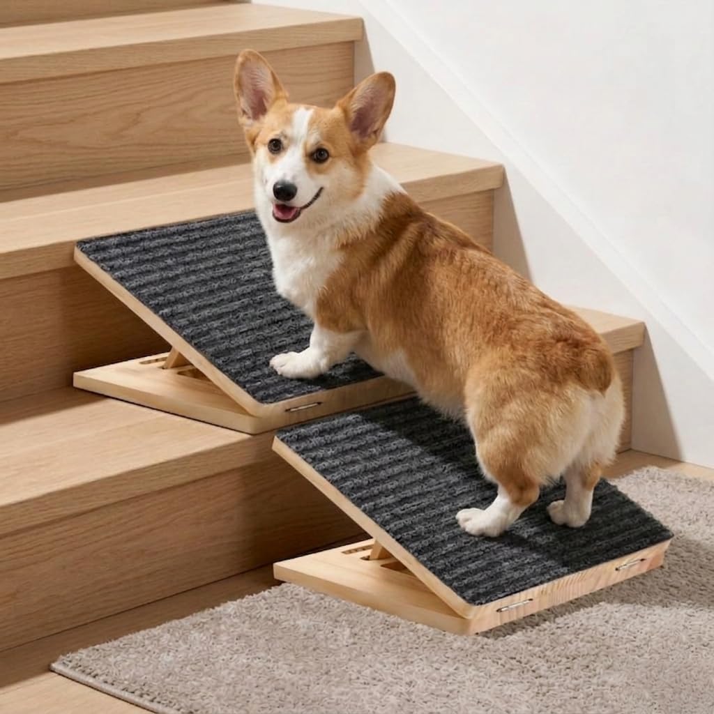 2 Pack Adjustable Dog Ramp for Stairs for Small Dogs, Senior Dogs, Short-Legged Breeds, Non-Slip Solid Wood Foldable Ramp for Indoor/Outdoor Steps, Joint-Friendly Stair Wedges for Corgis & Dachshunds