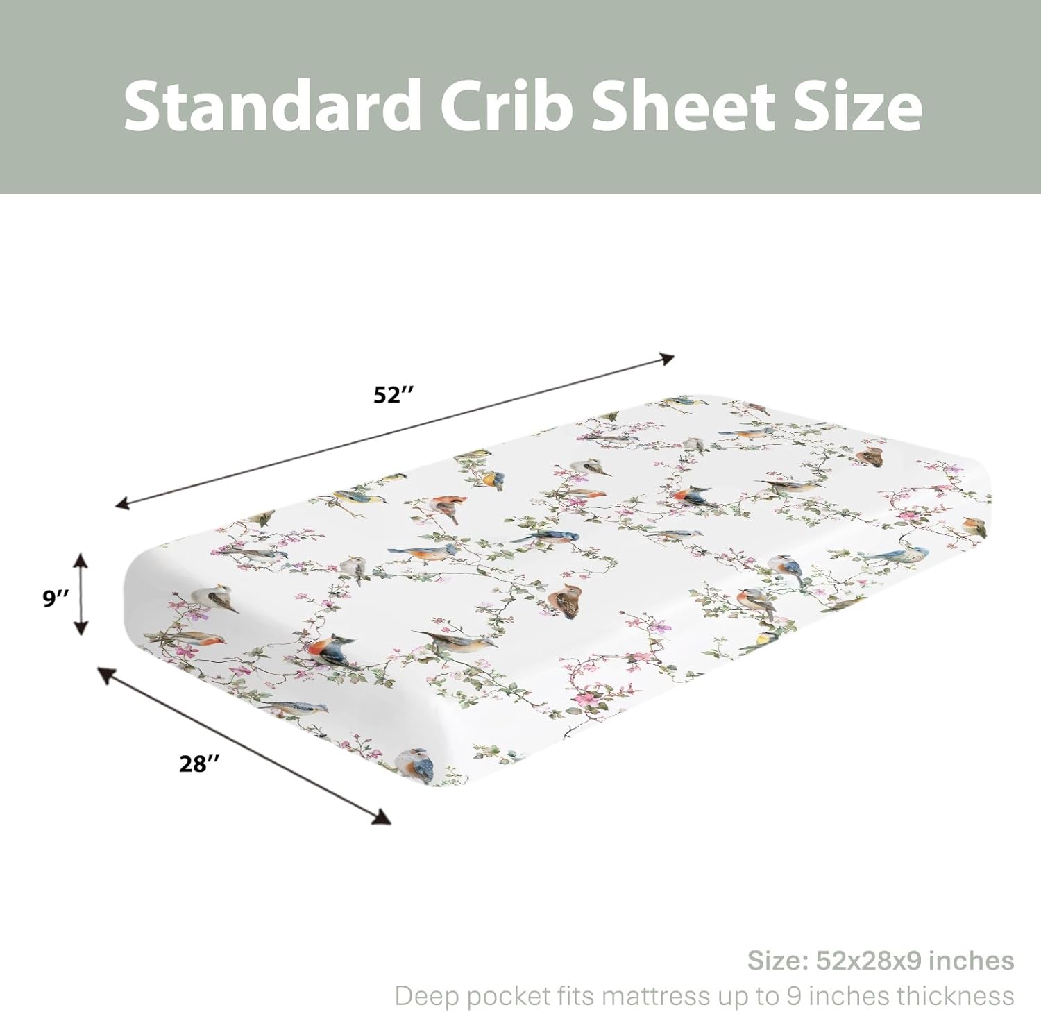 Watercolor Cute Birds Baby Crib Sheets for Boy Girl 52"x28" Spring Garden Bird Floral Leaves Soft Snug Fitted Crib Mattress Cover Sparrow Farmhouse Baby Sheet for Standard Crib and Toddler Mattress