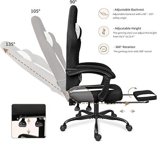 Miniatura 6 de Silla de juegos de tela transpirable con reposapiés, silla de juegos de altura ajustable, silla de videojuegos para sala de juegos, sala de estar y