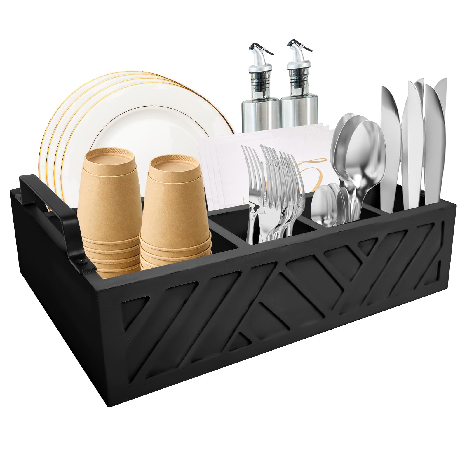 Caddy - Set di 6 scomparti per banconi in legno, 29,7 x 20,1 x 9,5 cm, multifunzione, per piatti di carta, organizer rustico, accessorio per il bar, porta utensili caddy (nero)