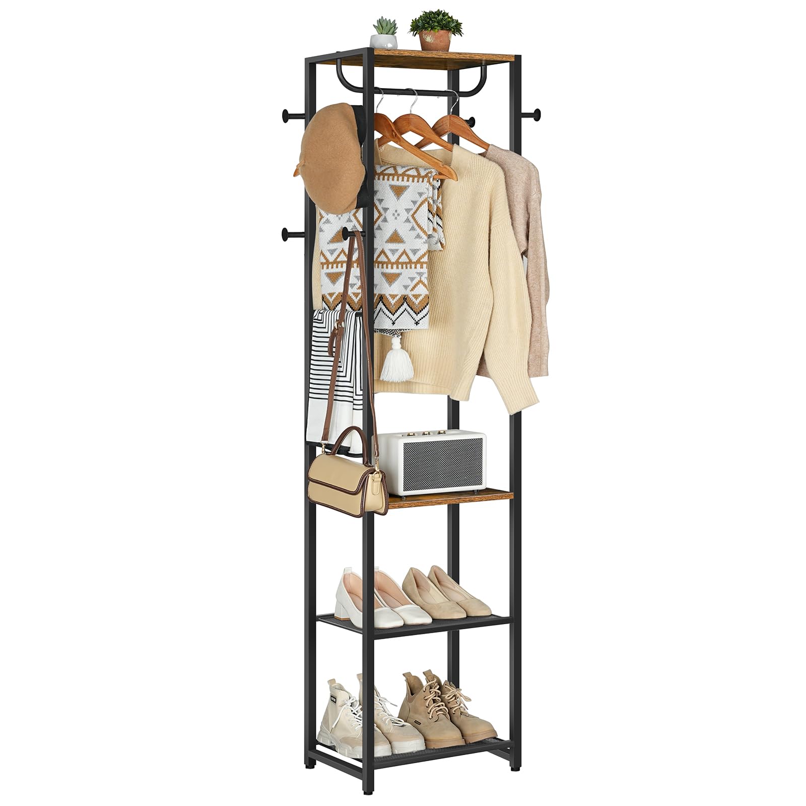 HOOBRO Perchero independiente con 3 estantes y 8 ganchos, perchero para dormitorio, 40 x 28 x 181 cm, para entrada, industrial, marrón rústico y negro EBF04YM01