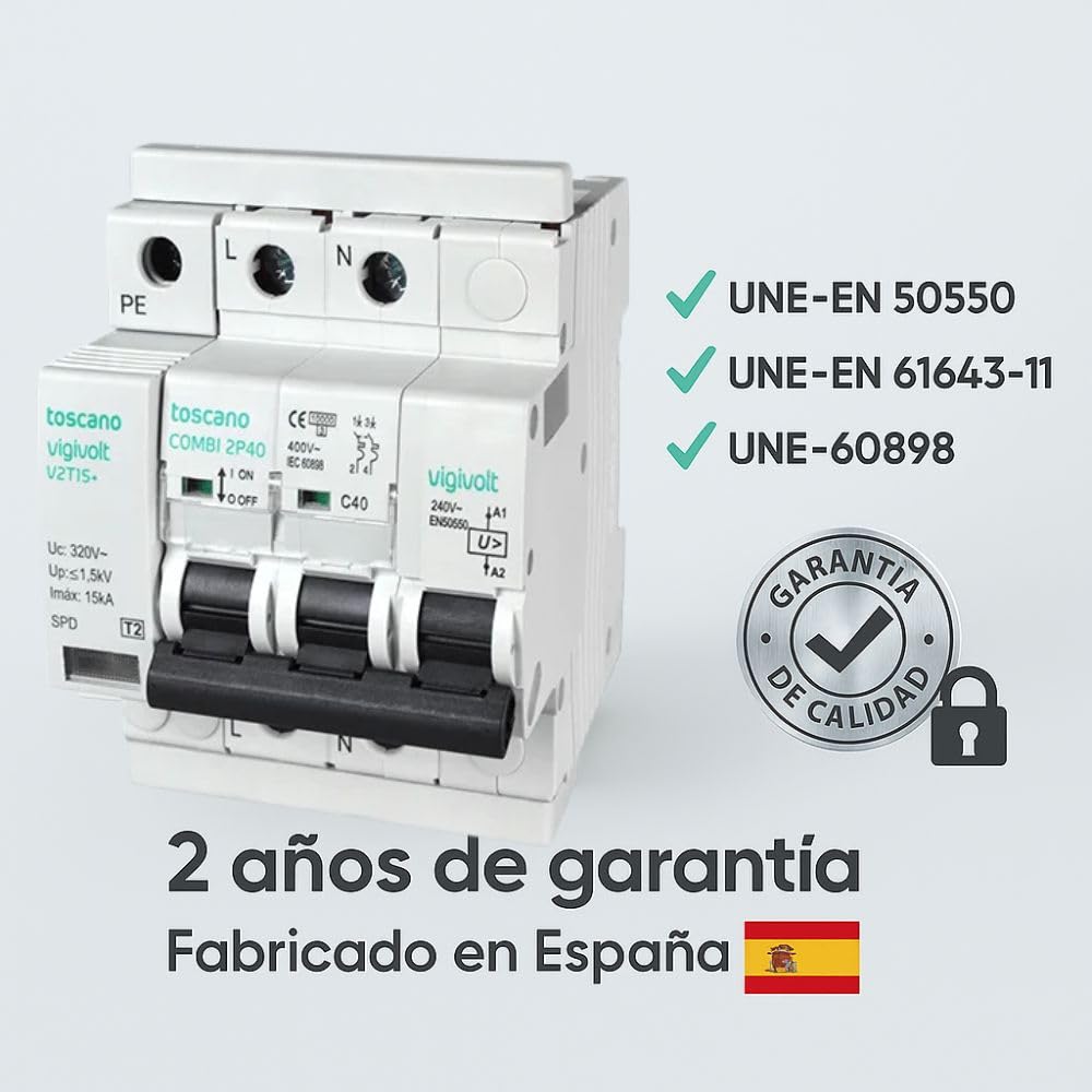 Rasmacor | Tóscano Protector Sobretensiones Transitorias y Permanentes 2P 40A COMBI-2P40T15 Toscano | No instalar en líneas sin Neutro 240V | IGA 10kA | Imax 15kA | Montaje en Rail DIN