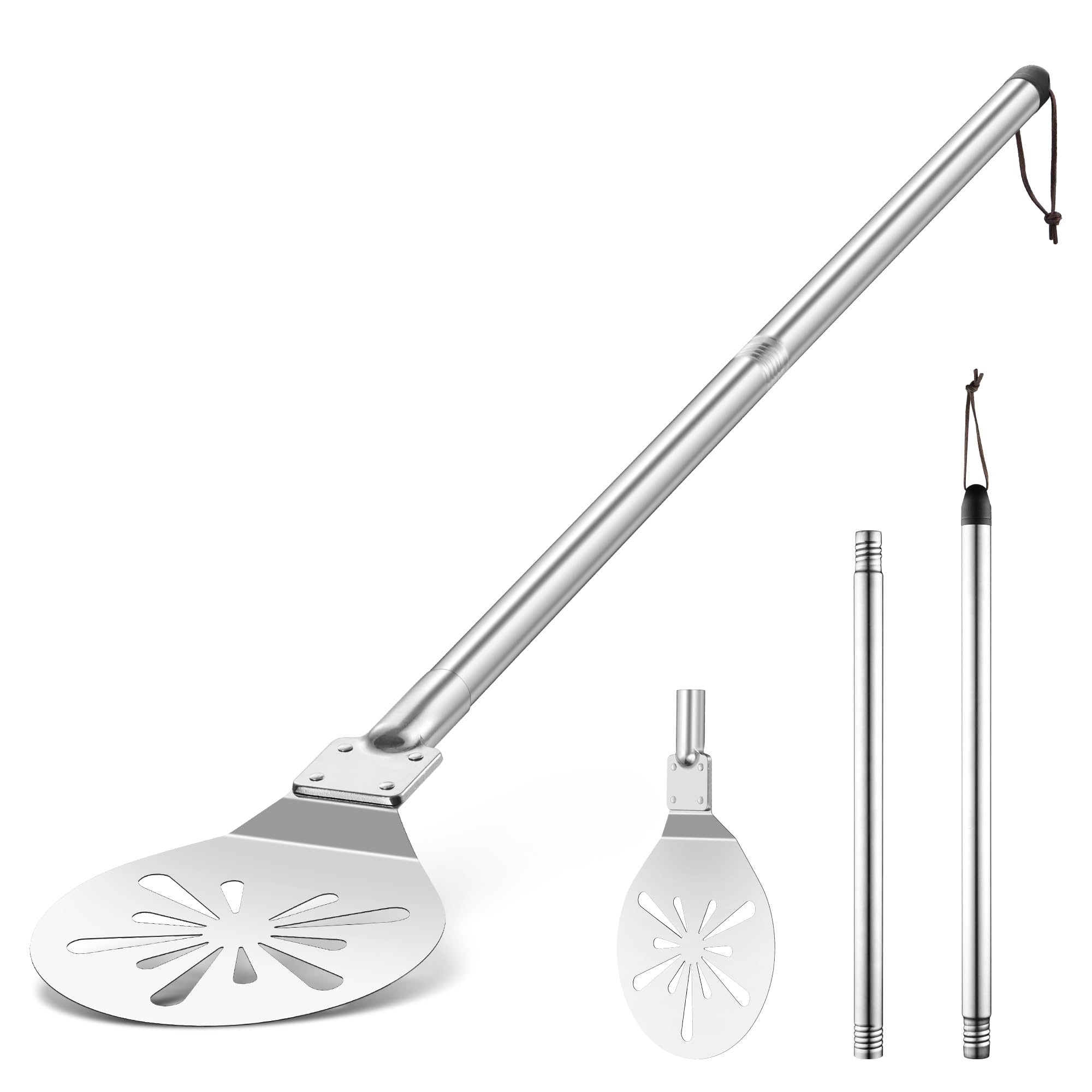 Herogo Pizzaschieber, 7 Zoll Edelstahl Perforiert Pizzaschaufel, Rund Metall Pizzawender mit Lang Abnehmbaren Metallgriff zum Leichten Gleiten, Leicht zu Reinigen & Lagerung, 17,8 x 19,5 x 115,5 cm