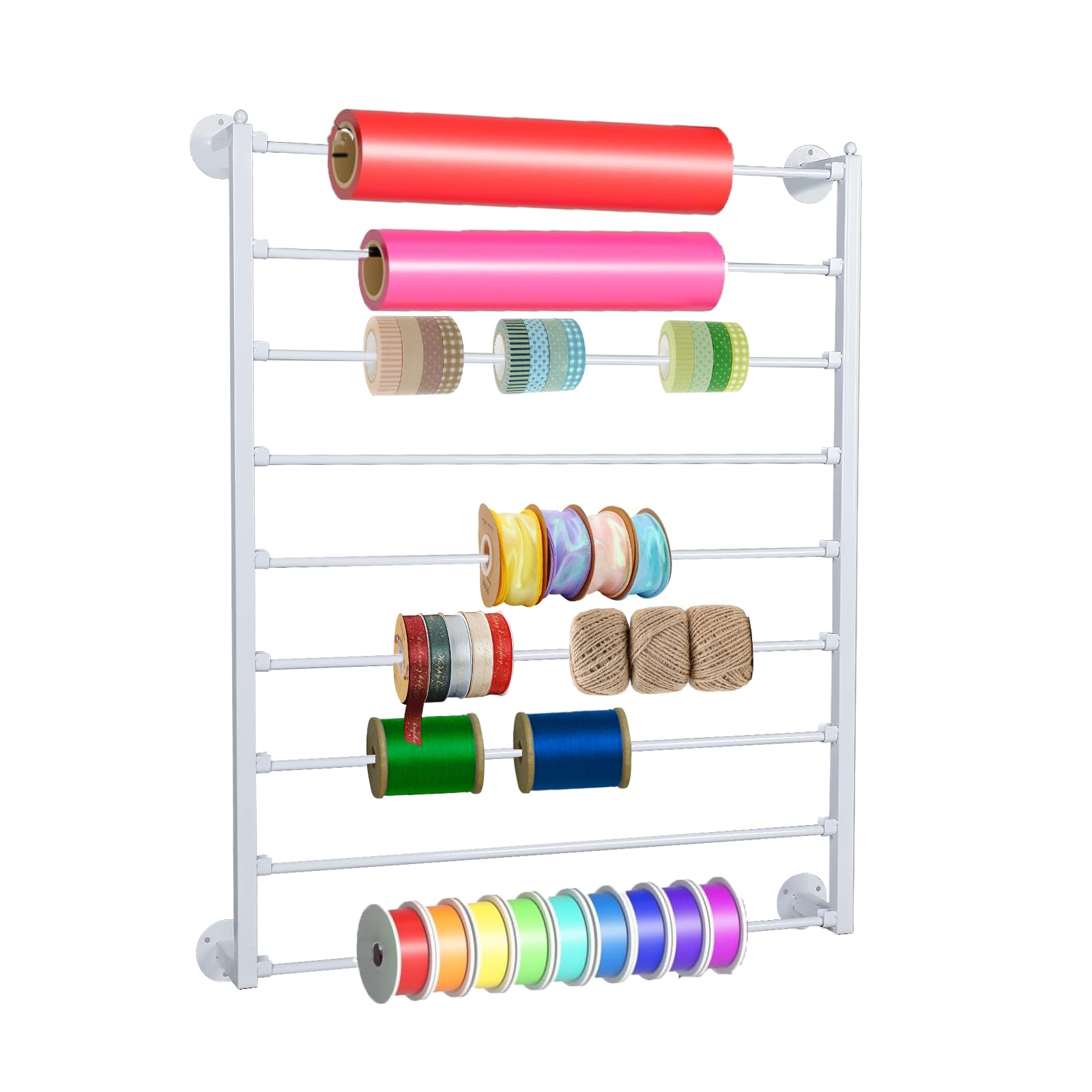 Organizzatore a 9 ripiani, supporto per nastro da parete, porta carta da regalo per sala artigianale, pasticceria, negozio di fiori, organizer per sciarpe e cinture, bianco