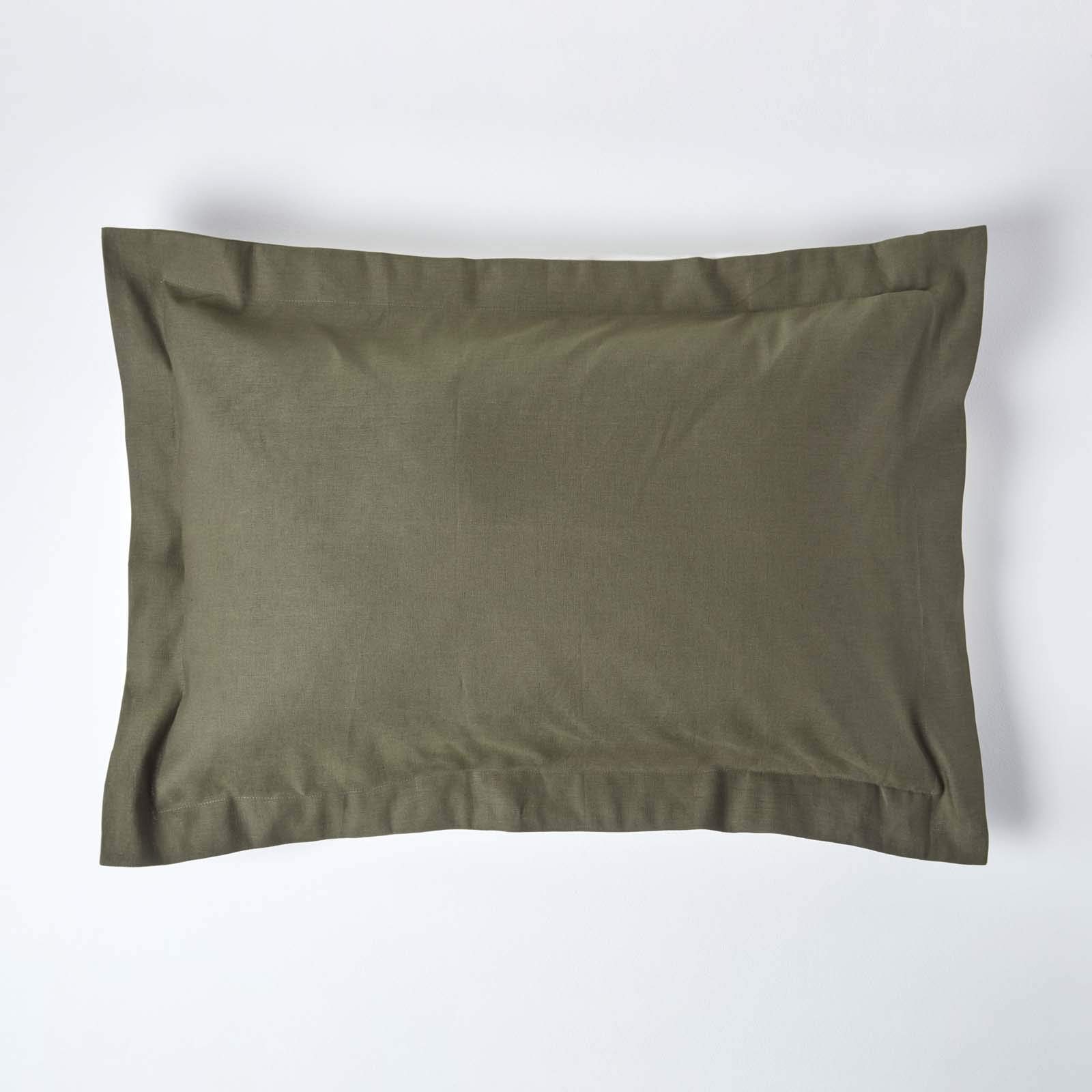 Homescapes Khaki Green Luxury Soft Linen Oxford Pillowcase Plain Dark Green Textured Natural French Flax Fibre Linen & Pure 100% Cotton Blend King Size Oxford Style Pillowcase
