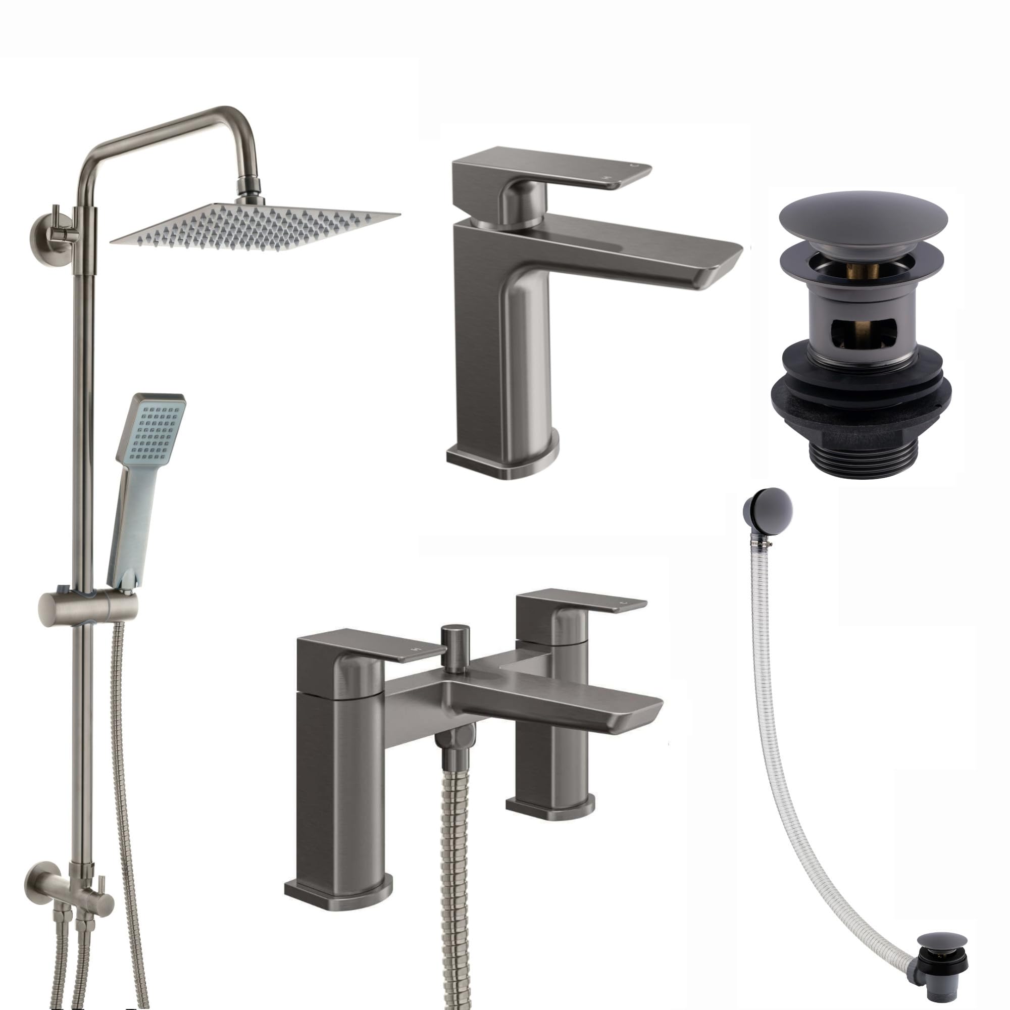 ENKI, Mykonos, BBT0278, Bundle Incl. Bath Shower Mixer Tap with Dual Riser Rail, Basin Mixer, Bath and Basin Wastes, Gunmetal Grey