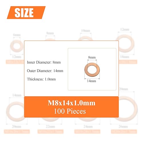 Miniatura 3 de HELIFOUNER 100 arandelas de cobre M8x14x1.0.000 in, arandelas de sellado métricas de cobre, diámetro interior 0.315 in, diámetro exterior 0.551 in,