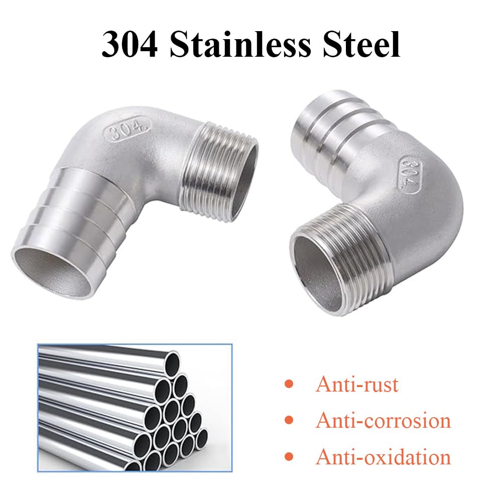8 raccordi a gomito per tubo flessibile, 20 mm, maschio da 1/2", in acciaio inox, connettore a 90 gradi per aria, acqua, olio, gas, carburante
