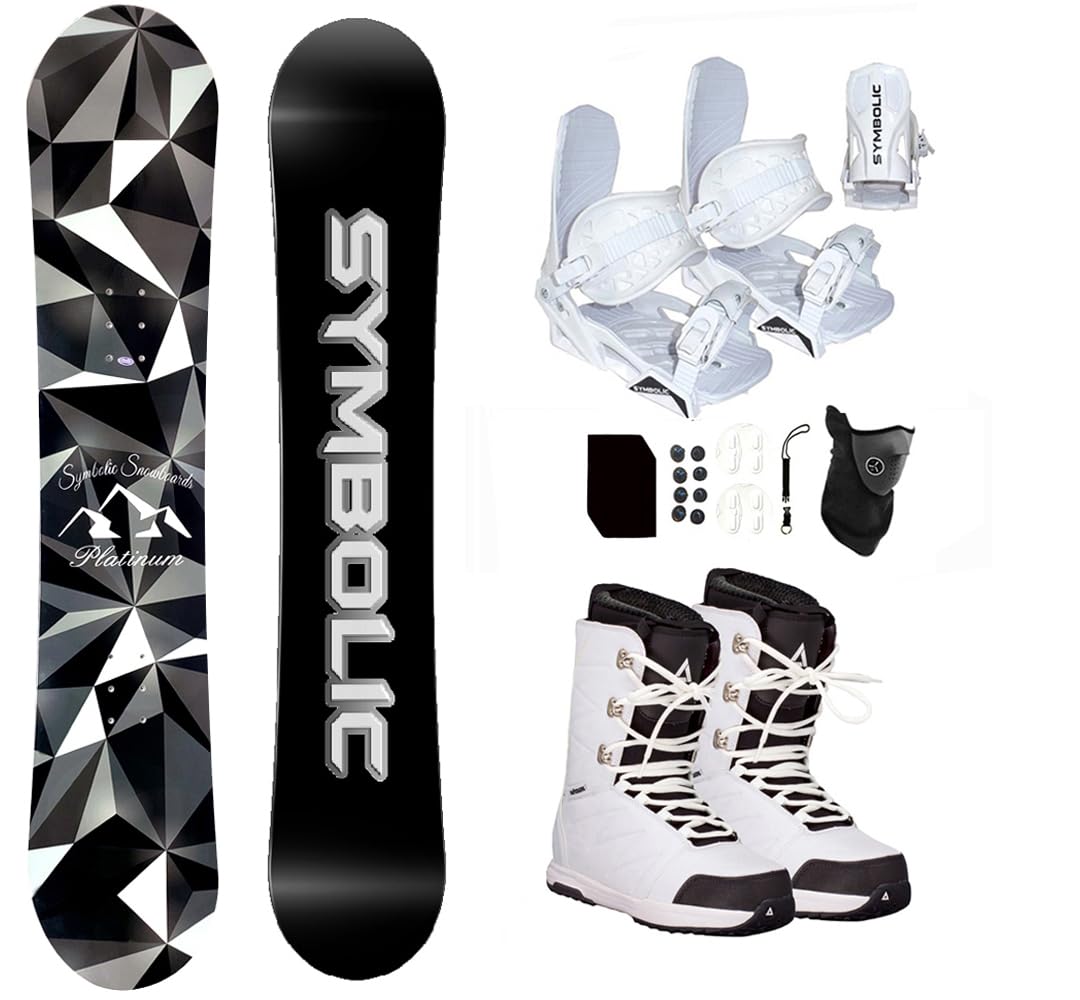 Symbolic Platinum Airtracks Women's Snowboard & White Bindings & Boots & Leash & Stomp & Gaiter Complete System Package Freeride Freestyle (145 cm, 6.5 WMS (EU37) ATWhite+Wht Bindg)