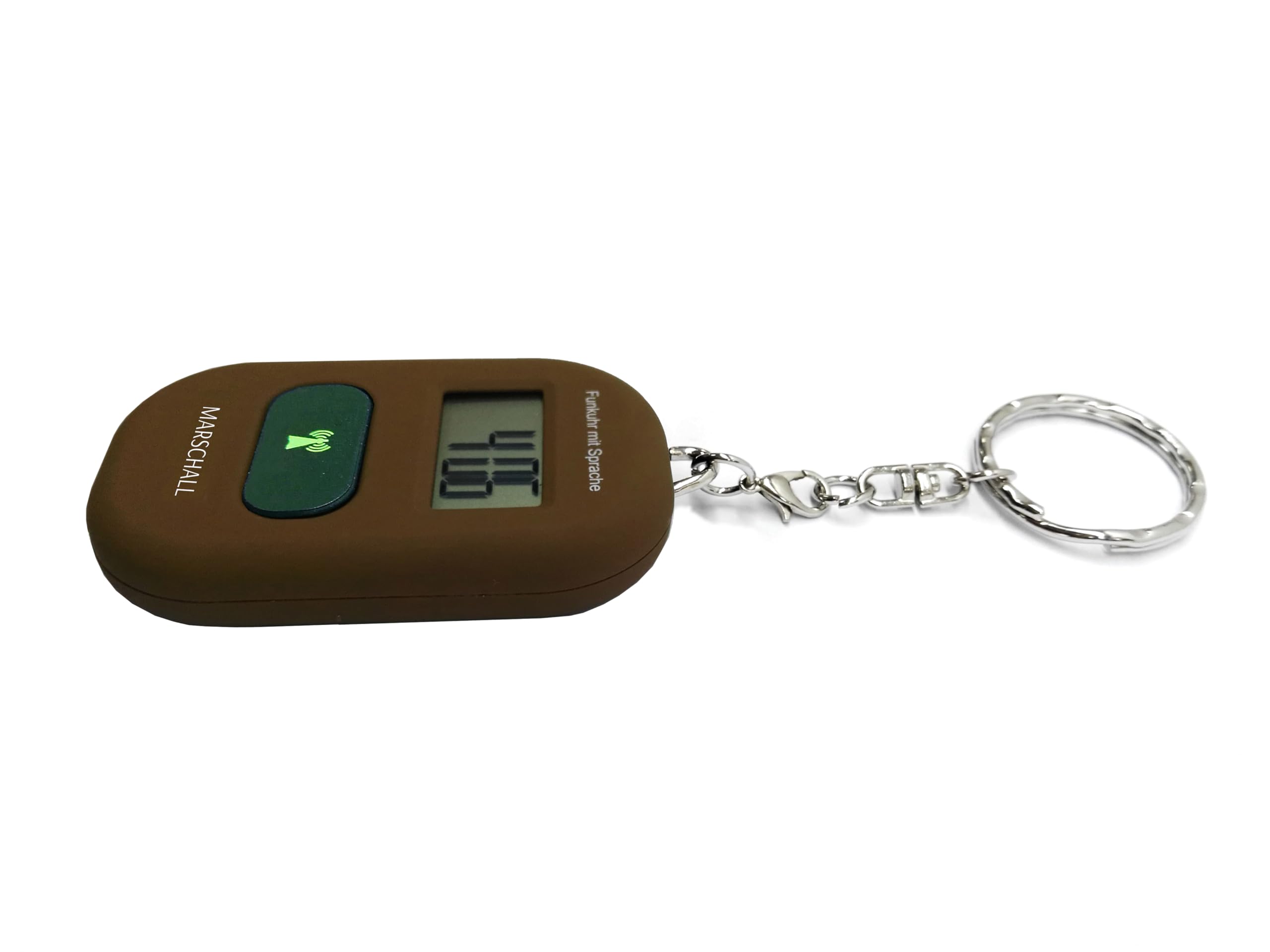 Marschall Schlüsselanhänger Deutsch sprechende Funkuhr I 1117B I Umhängeuhr Braun I Extra Laute Sprachausgabe I Großes LCD Display I Perfekt für Senioren, Blinde und Demenzkranke
