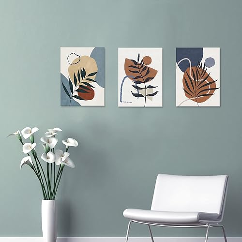 Miniatura 3 de Zessonic Juego de arte bohemio para pared, ilustraciones de plantas multicolor y formas abstractas, en tonos marrón y azul para sala de estar,