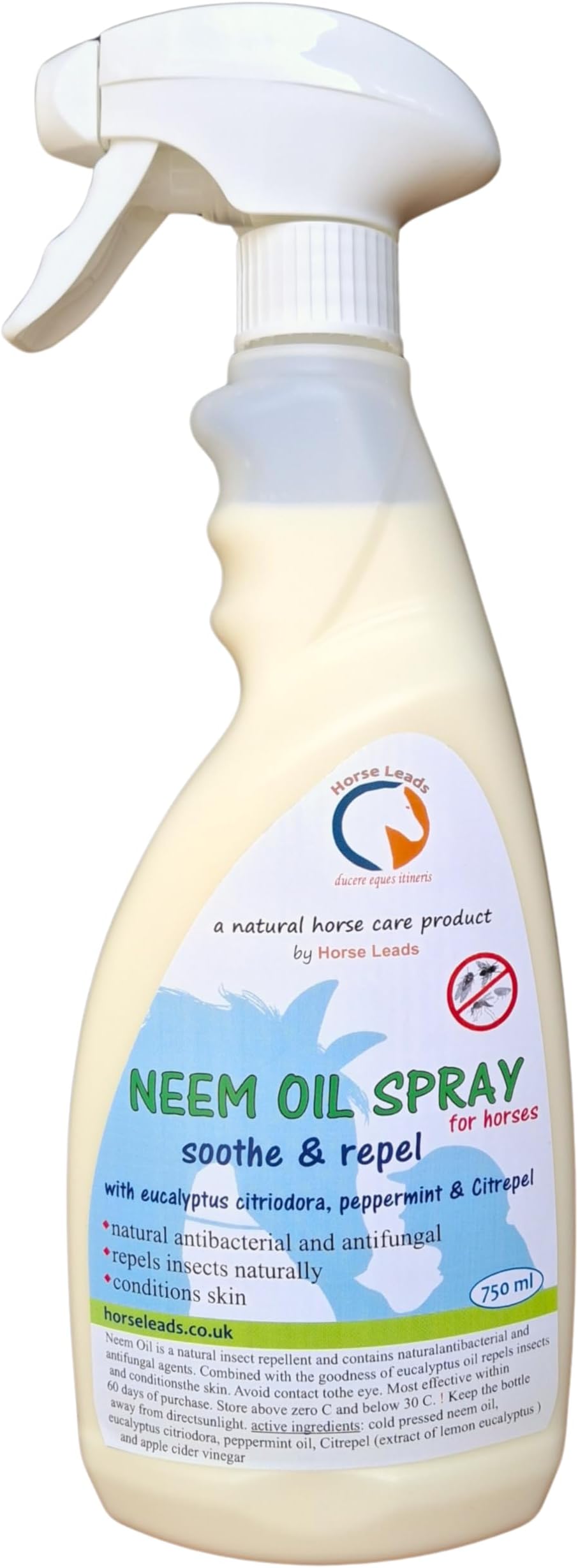 Fly & Midge Repellent 750 ml Neem Oil Spray with Eucalyptus Citriodara Oil, Peppermint Oil and Citrepel By Horse Leads
