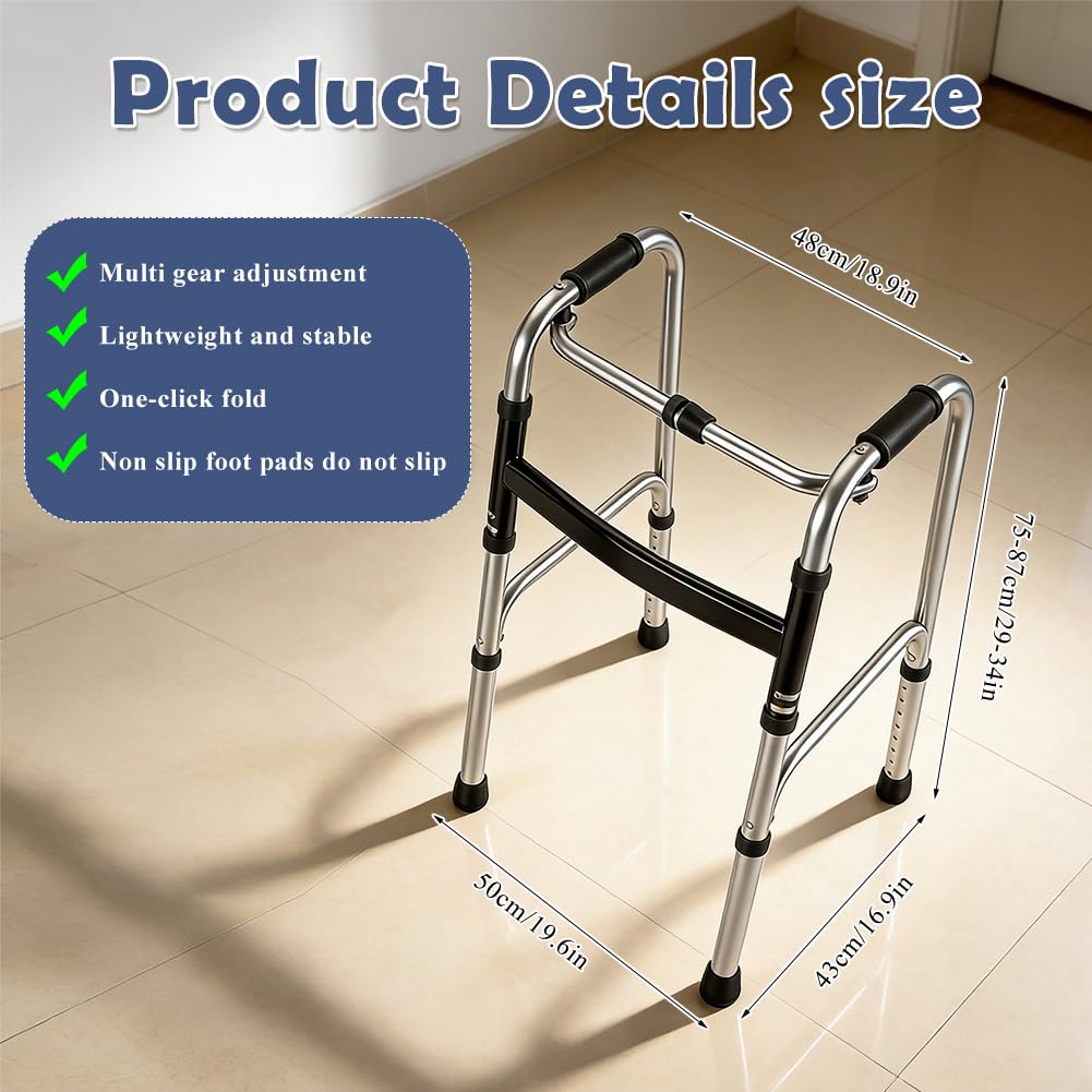Andador de aluminio, altura ajustable, andador fácil plegable para personas mayores y adultos, andador sin ruedas con almohadillas antideslizantes para los pies para casa y viajes