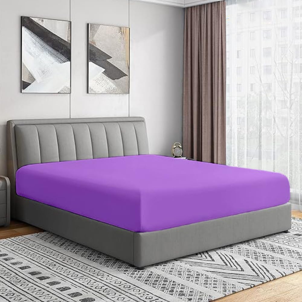 Bottom Fitted Sheets Stretches Up to 25cm Deep Mattress Pocket 100% Pure Egyptian Cotton 200 Thread Count Fitted Bedsheet Soft & Comfortable Hotel Quality Bottom Sheets (Purple, Double)