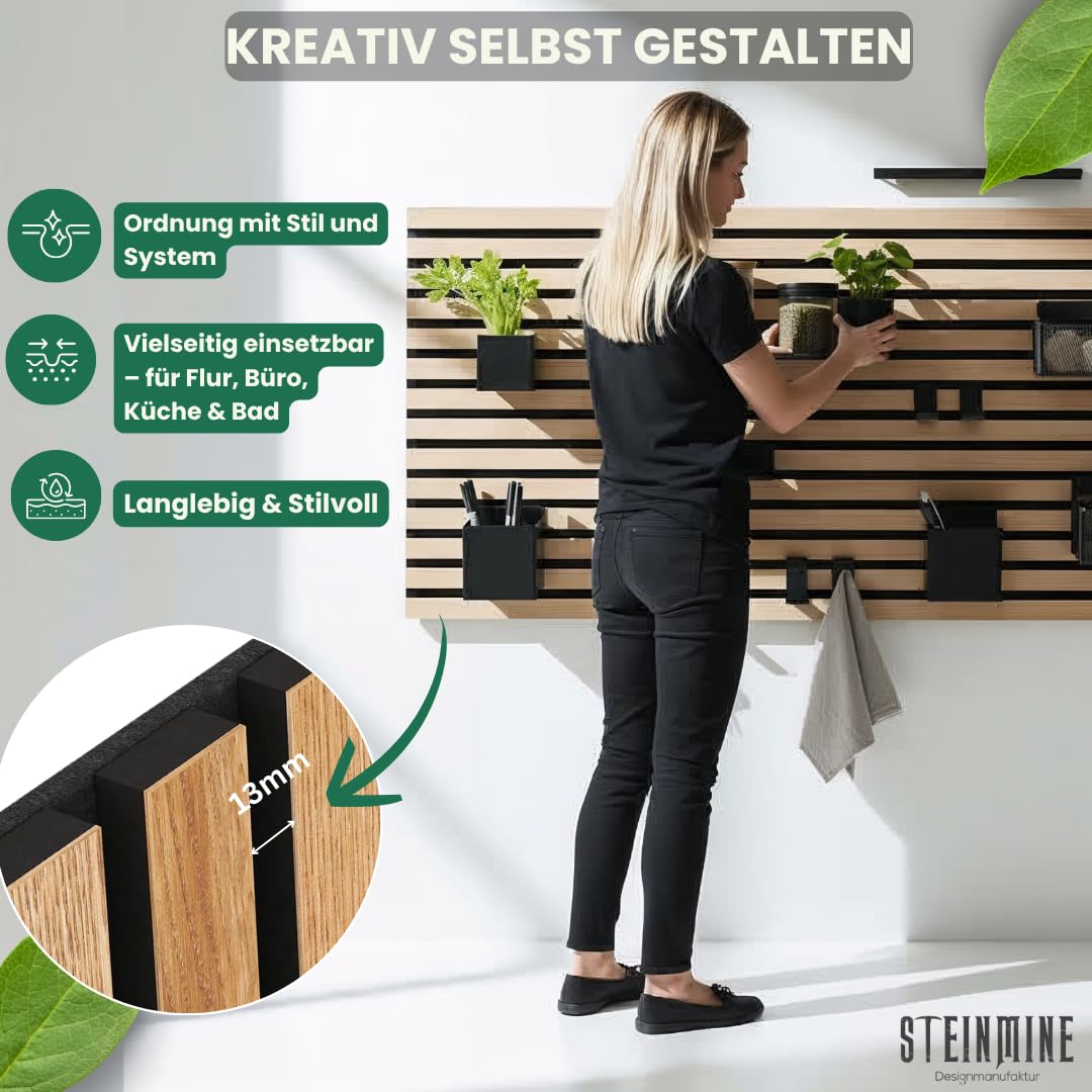 Steinmine - Designmanufaktur Wandorganizer (60 x 120 cm) - Akustikpaneel mit Eichenholzlamellen - inkl. Zubehör - einfache Montage - für Büro, Flur, Küche, Bad und mehr