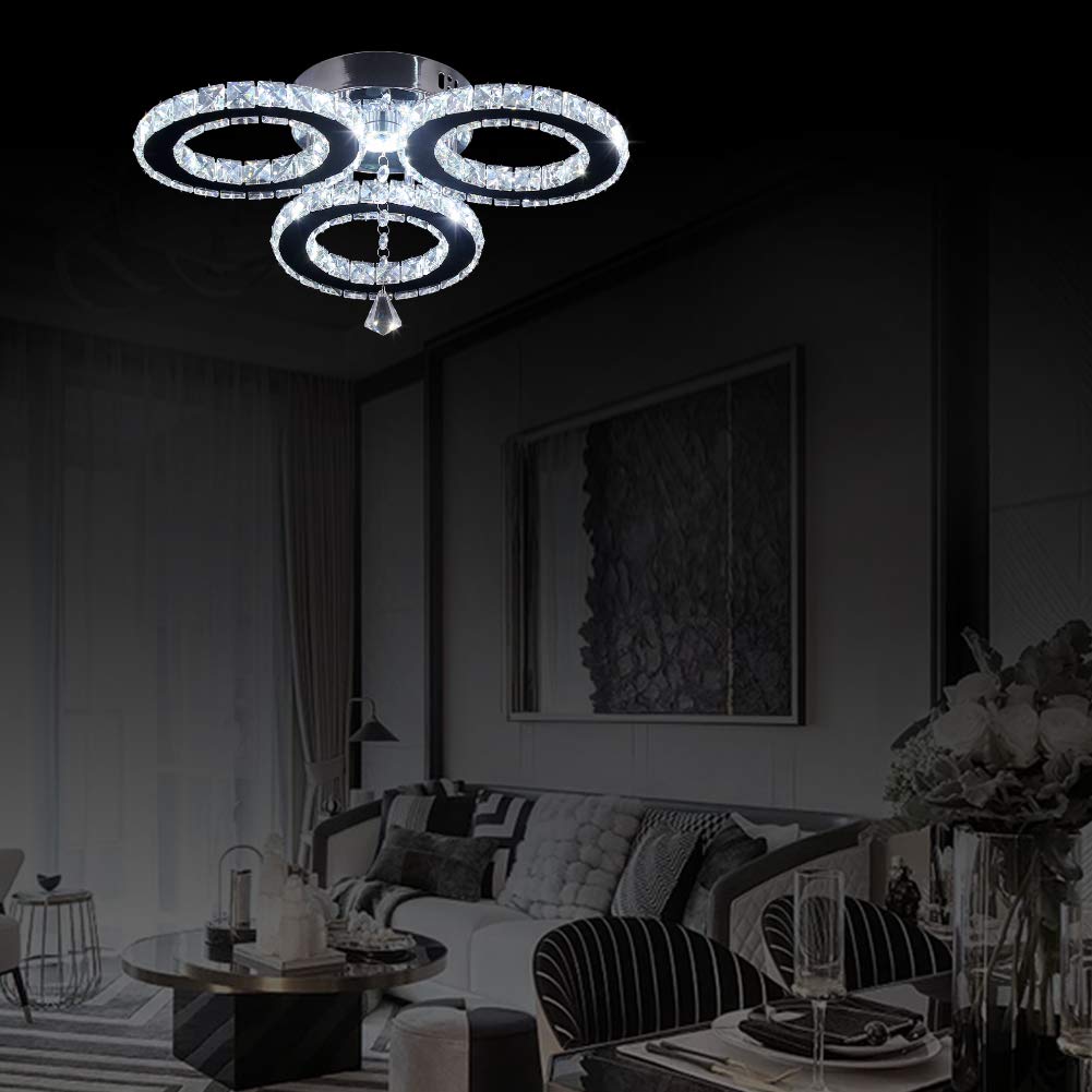 Lámpara de techo colgante de cristal LED de 13 x 3.5 pulgadas,3 anillos, lámpara de araña de cristal, montaje empotrado, accesorio de iluminación para dormitorio pasatiempo sala de estar