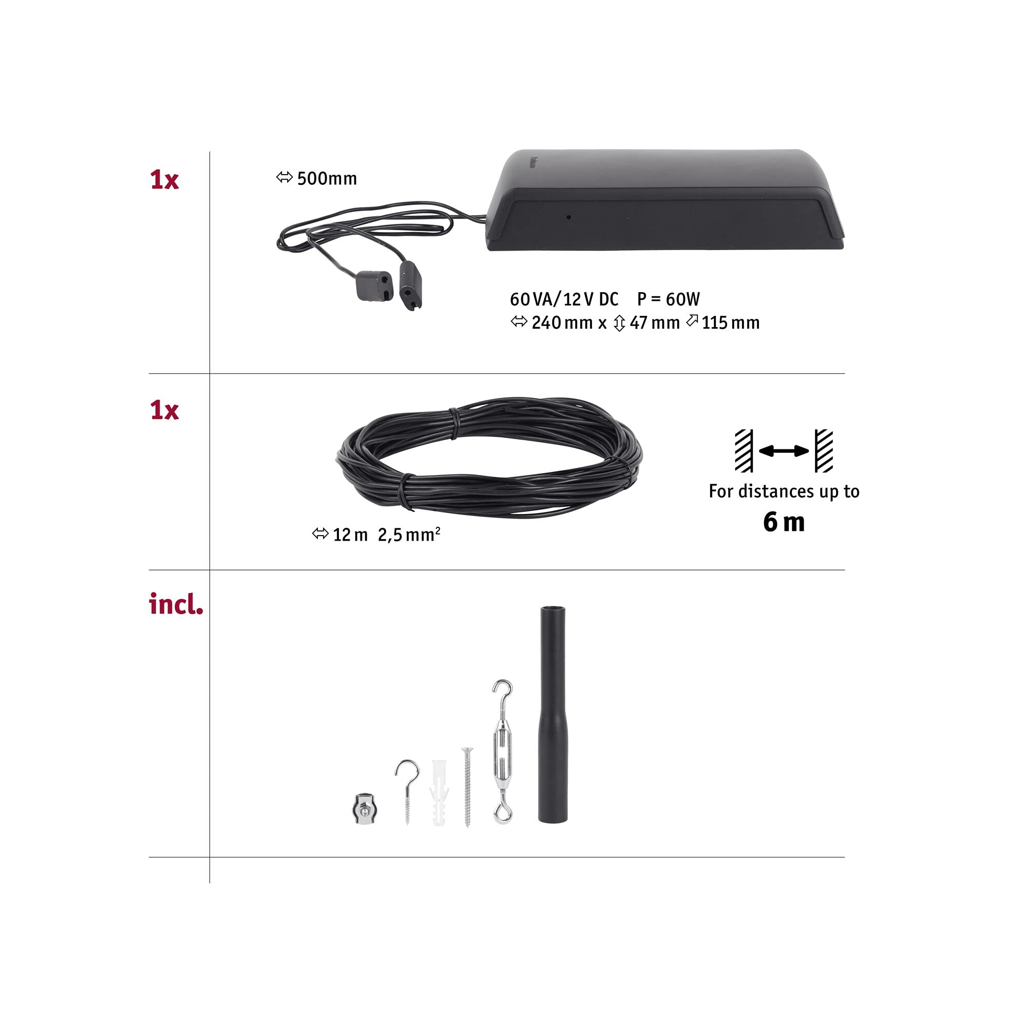 Paulmann 94496 CorDuo Funsytem Basic Set DC max. 60 Watt espandibile, nero opaco, fune metallica in plastica, sistema di funi metalliche, senza lampadine