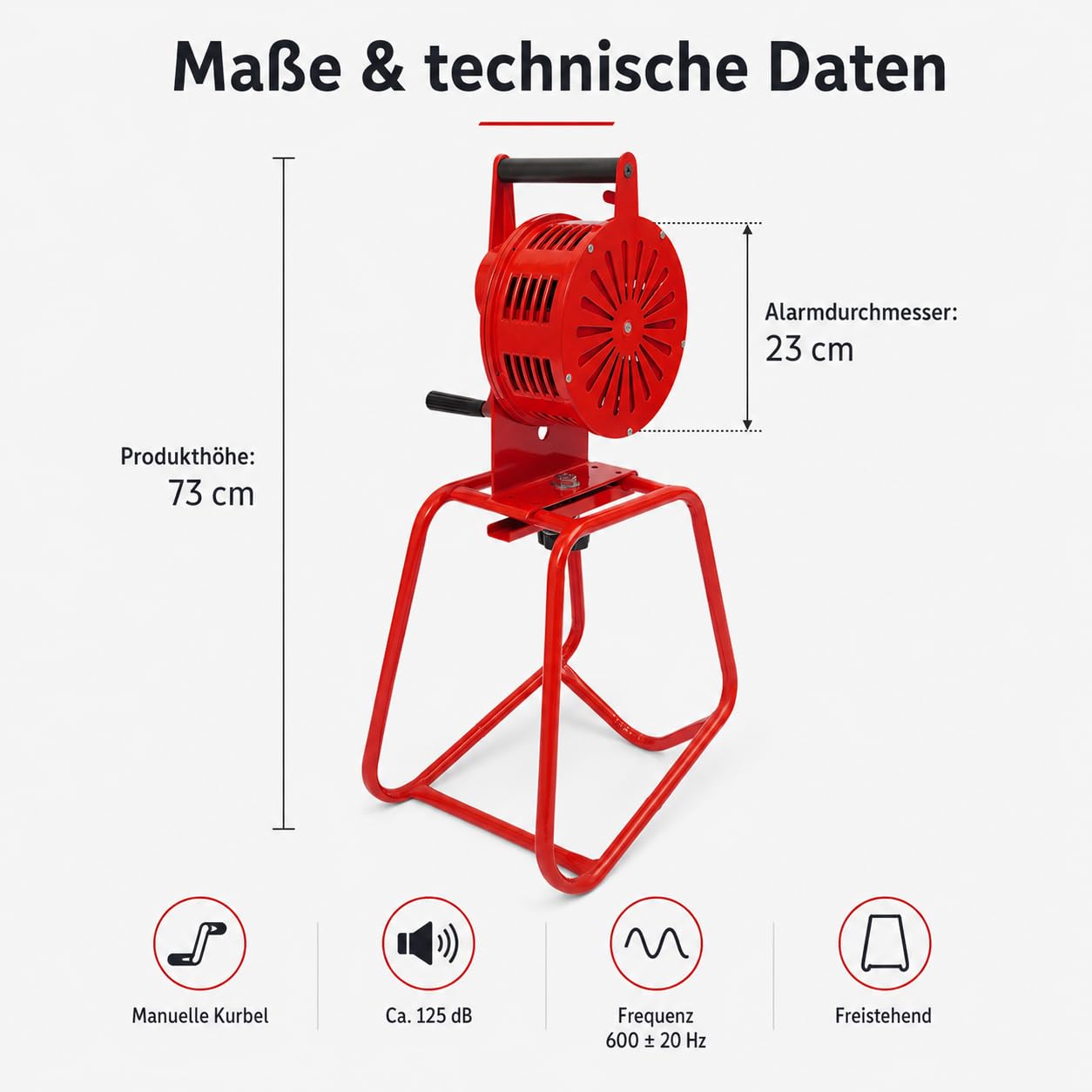 Sirène à main avec manivelle - 125 dB - Portable - Sirène à main - Actionnement à levier - Avec support pour la technologie de surveillance de la maison - Alarme incendie - Gardes côtières