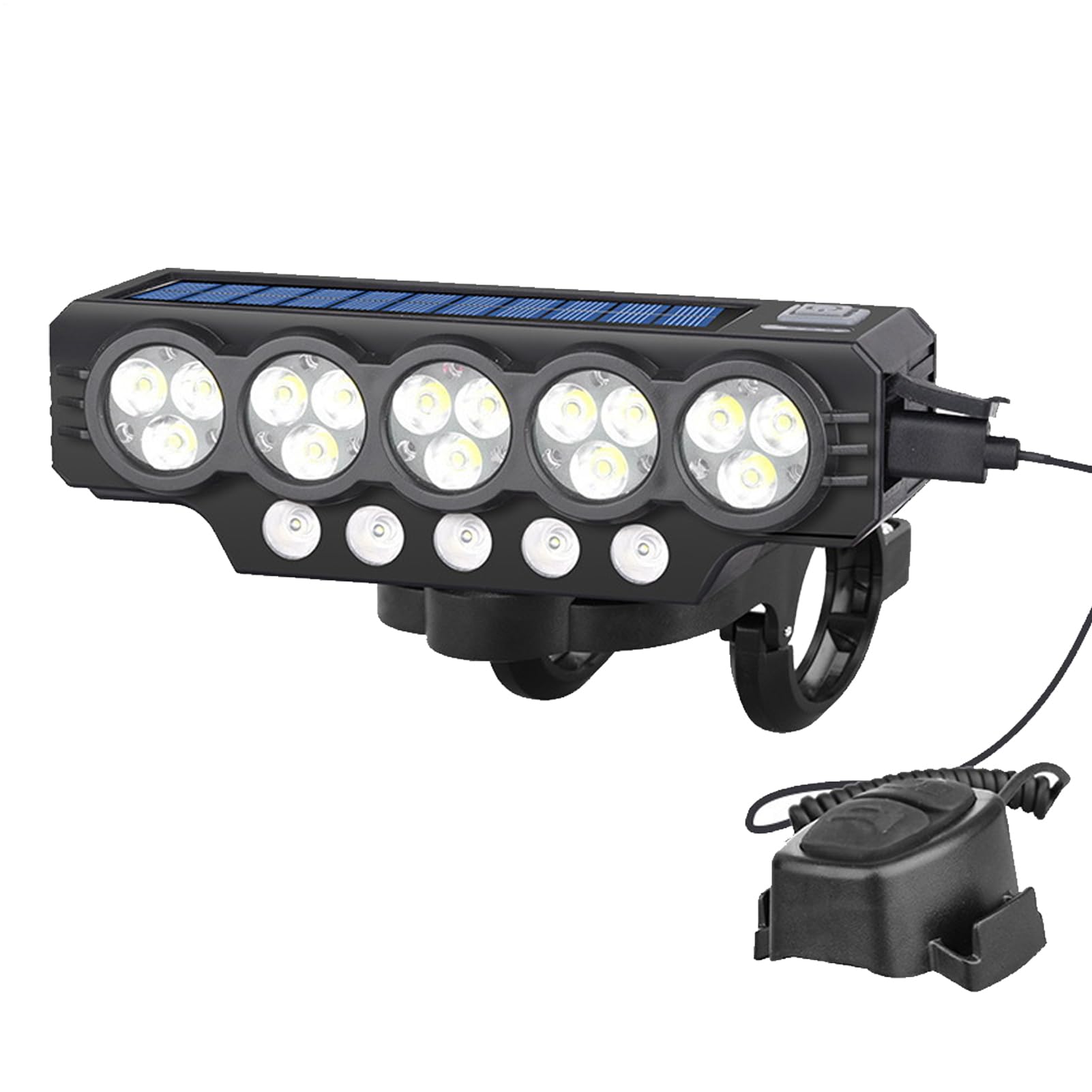 Luce per biciclette ricaricabile - Luci da bici anteriore solare per la guida notturna | 1,5 ore Carica rapida potente LED super luminoso con corno, porta USB, luci ciclistiche IP65 impermeabili per l