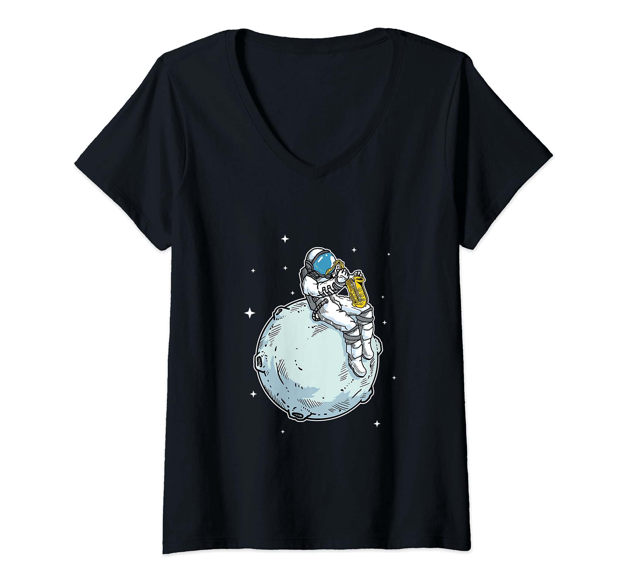 Womens Astronaut Playing Saxophone Gift Jazz Music Sax Lover V-Neck T-Shirt, Black
