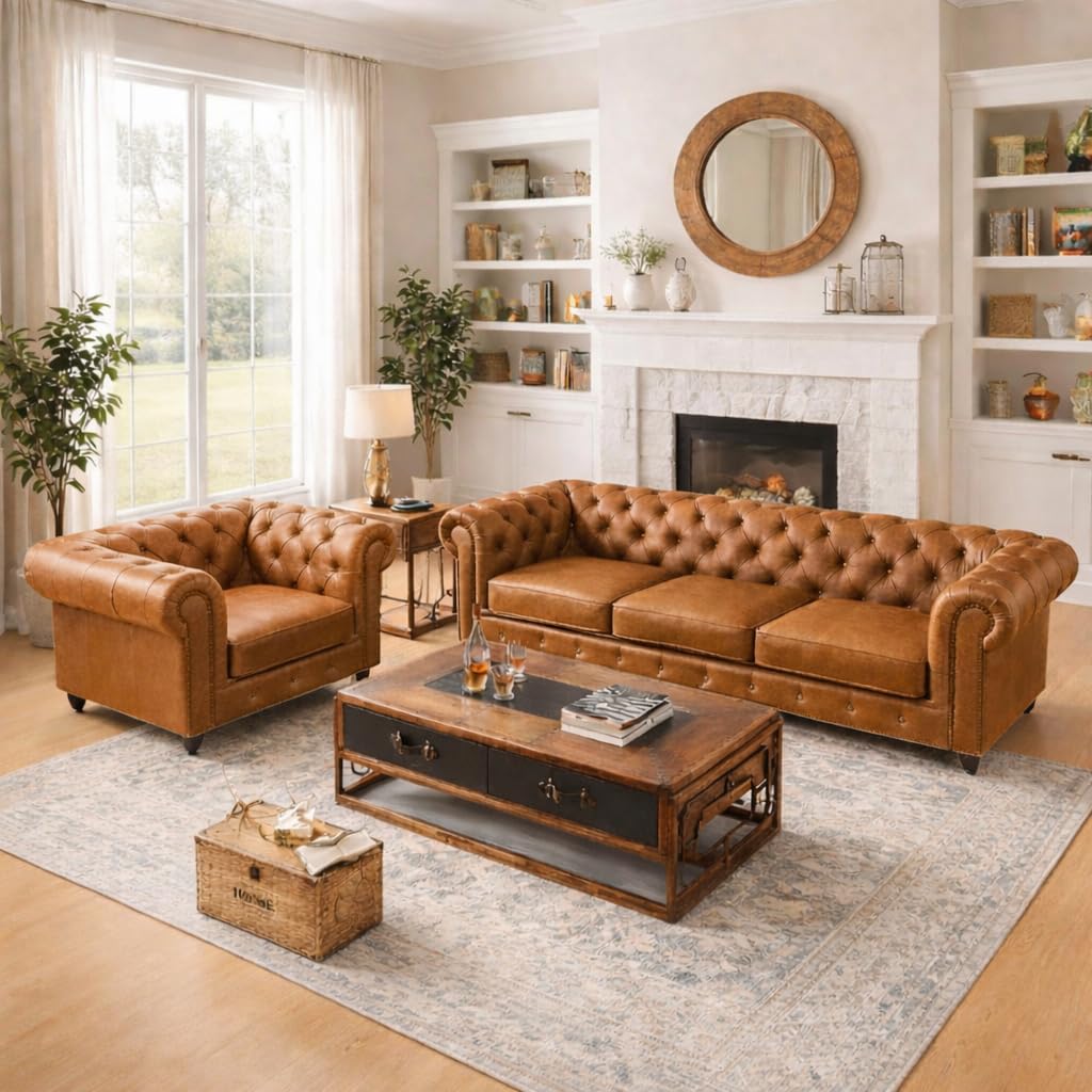 Leatherette Chesterfield Sofa Set Deep Button Tufted, Classic Style Sofa Set Sofa for Your Hall,Living Room and Office (Brown Leather, 4 Seater 3+1)-image-11