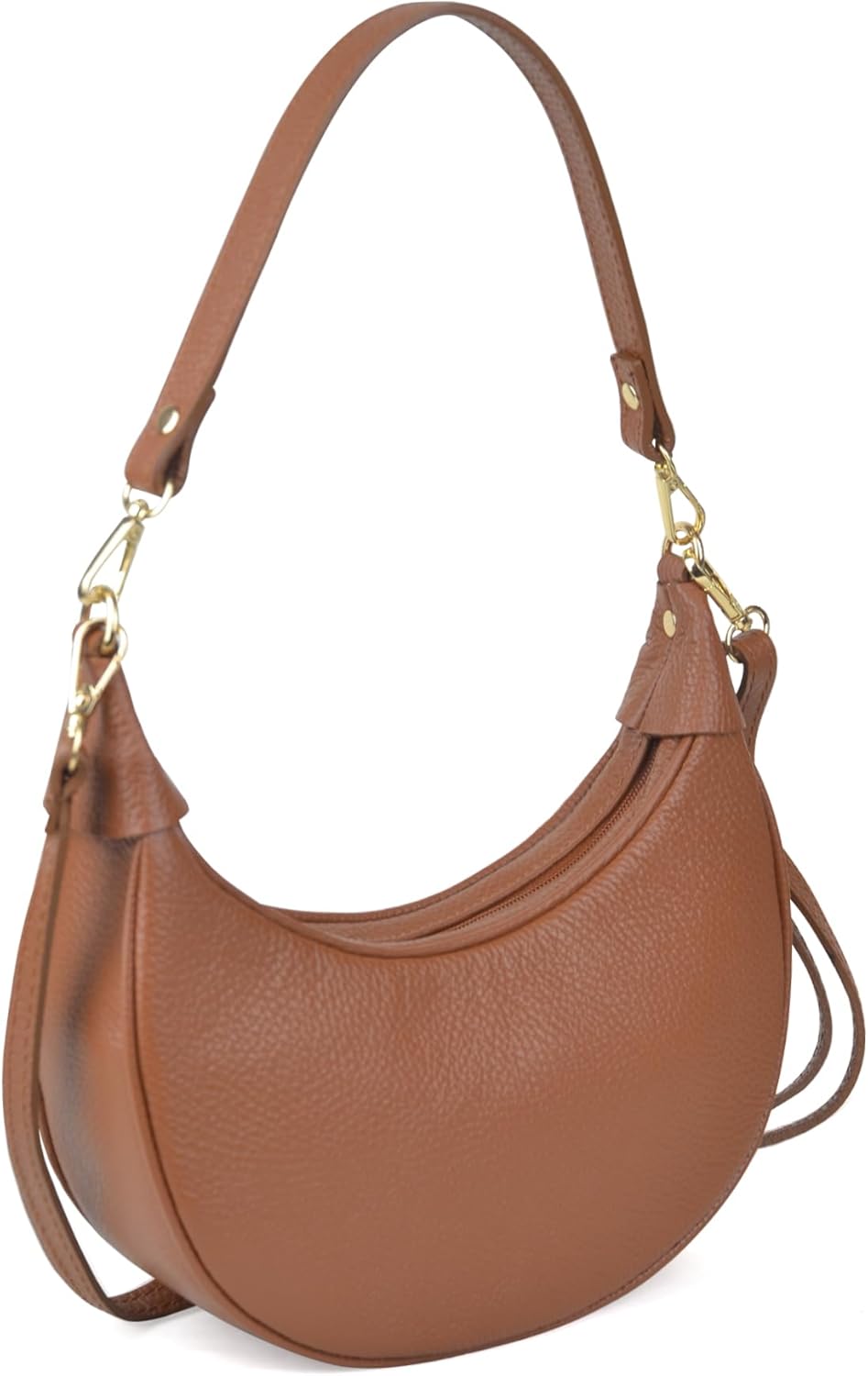 Italian Genuine Leather Crescent Hobo Bag for Women, Small Shoulder Crossbody Purse, Handbag with 2 Straps for Work Travel | 43" Adjustable Strap, Wide 3.5" Bottom, 11.5" Underarm Drop, Smooth/Suede Option, Secure Zip Closure