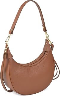 Italian 100% Genuine Leather Crescent Hobo Bag for Women Crossbody Purse | Made in Italy, 2 Straps, Small Shoulder Handbag, 43" Adjustable Strap, Gold Hardware, Work, Travel, Shopping, Gift