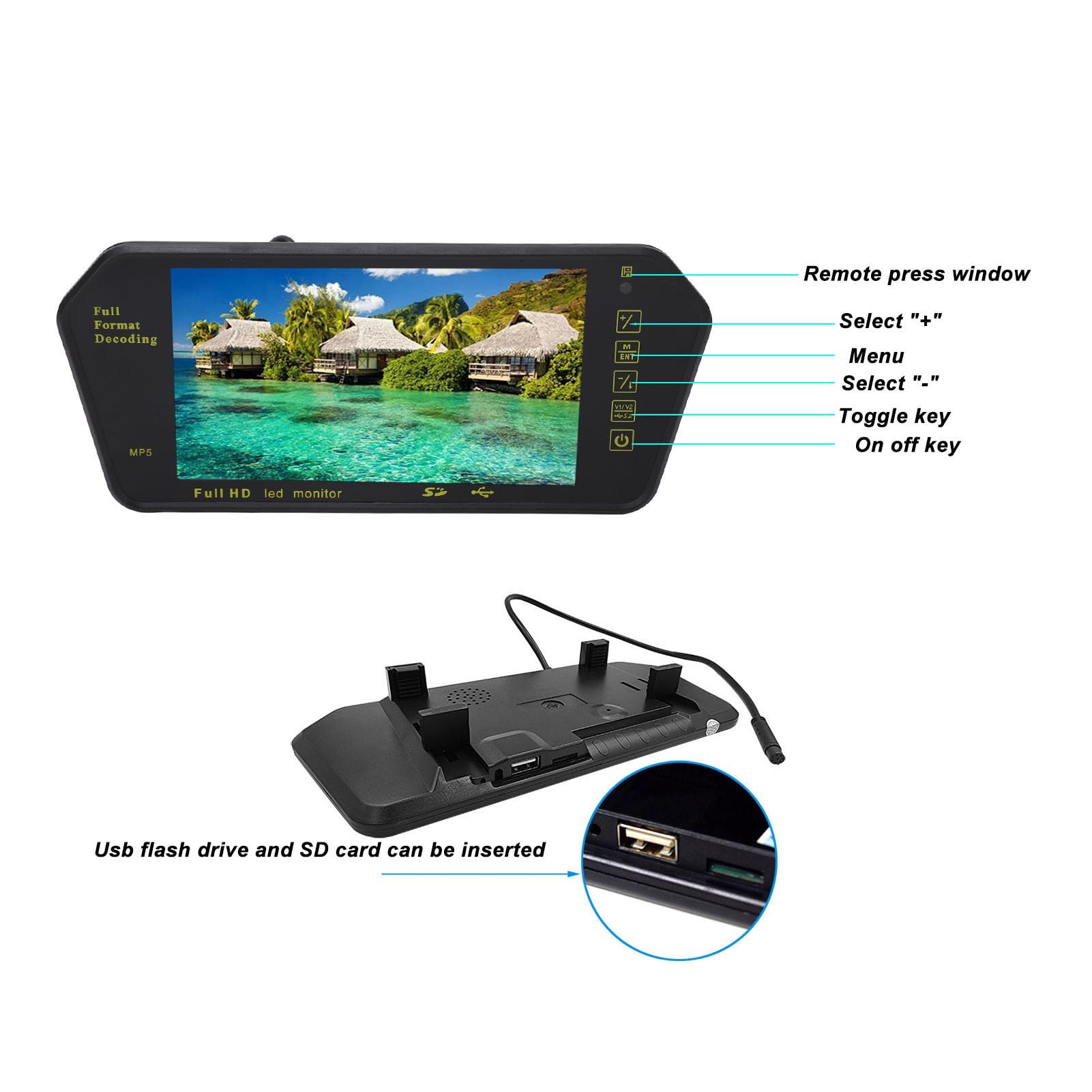 Espejo Retrovisor Inteligente, Pantalla de Espejo Retrovisor de 7 Pulgadas, Grabadora de Conducción Multimedia de Alta Definición, Cámara de Marcha Atrás con Control Remoto,