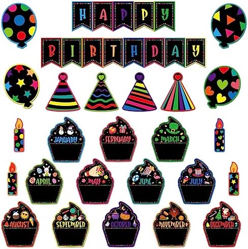 PETCEE 27PCS Happy Birthday Bulletin Board Set for Classroom Wall Bulletin Board Decoration Confetti Cupcake Cutouts Birthday Chart B-Day Calendar for Kids Students Back to School Decorations