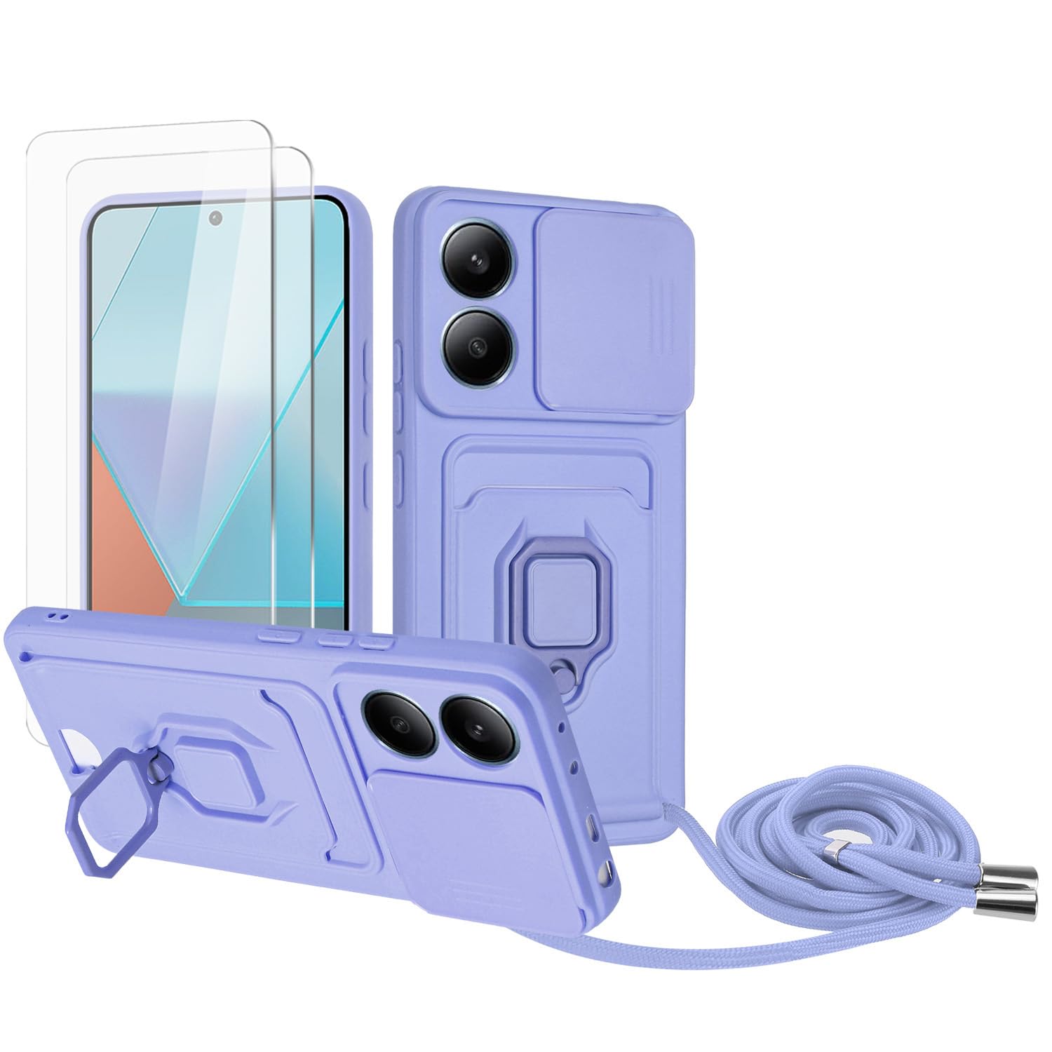 Zallagre Funda con Cuerda Compatible con Redmi Note 13 Pro 5G,[2 Packs Cristal Templado],Ranura para Tarjetas,Cubierta de Cámara Deslizante Proteger,360 Anillo Soporte-Morado — view 60