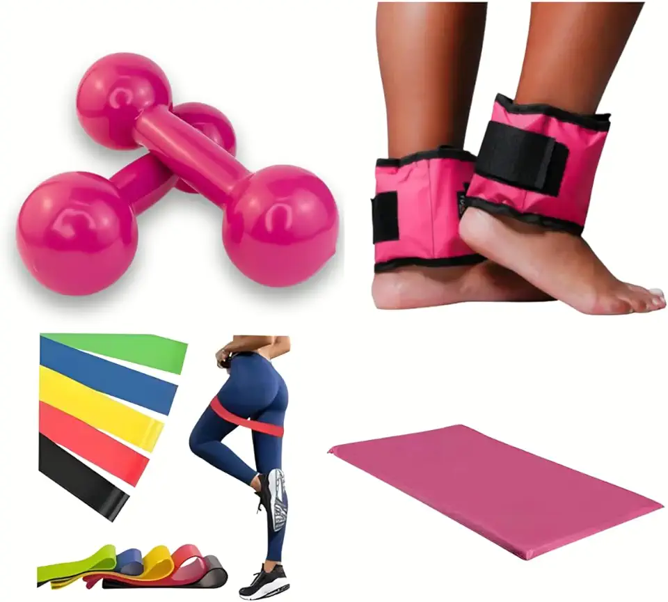 Kit Treino Completo: Par Halter 1 Kg, Par Tornozeleiras 1 Kg, Colchonete Rosa, 5 Elásticos Multifuncionais com Tensões Variadas