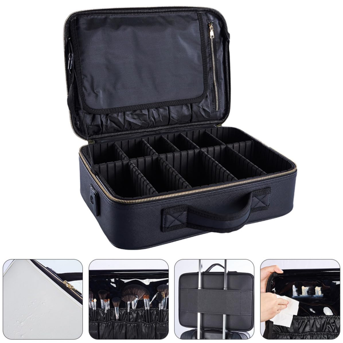 minkissy Bolsa de Cosméticos Práctica y Fácil de Llevar de Tela Oxford Negra Diseño de Compartimentos y Asa para Almacenaje y Viaje de Maquillaje