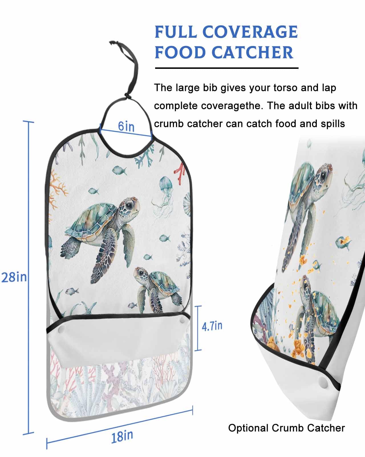 LEOKOTI Sea Turtle Adult Bibs for Eating, Waterproof Bibs with Food Catcher & Adjustable Snap Closure, Summer Beach Coral Ocean Nautical Coastal Washable Clothing Protectors Adult Bibs for Elderly