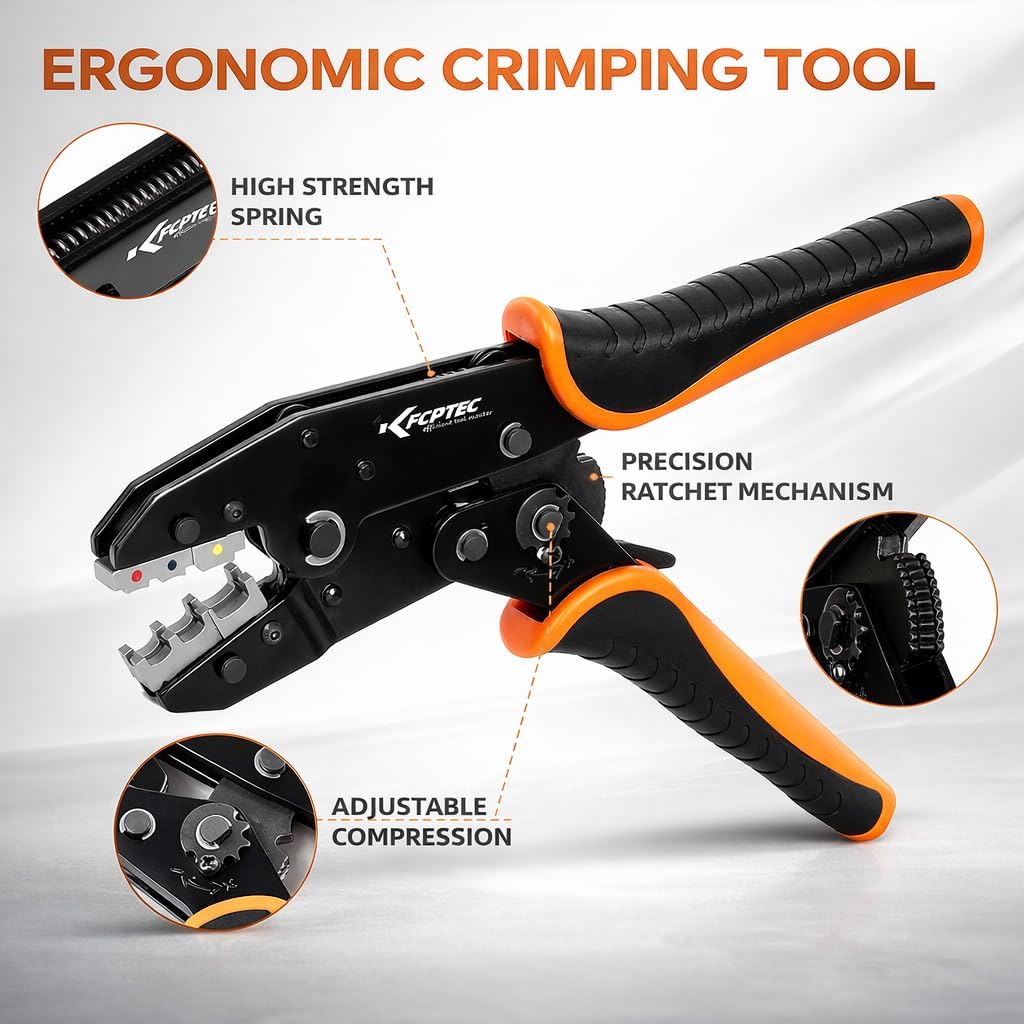KF CPTEC Ratcheting Wire Crimper Set, 9-Piece with Quick-Change Dies, AWG 22-2 (0.5-35mm²), for Heat Shrink, Open Barrel, Insulated & Non-Insulated Terminals, Ferrules and Solar Connectors