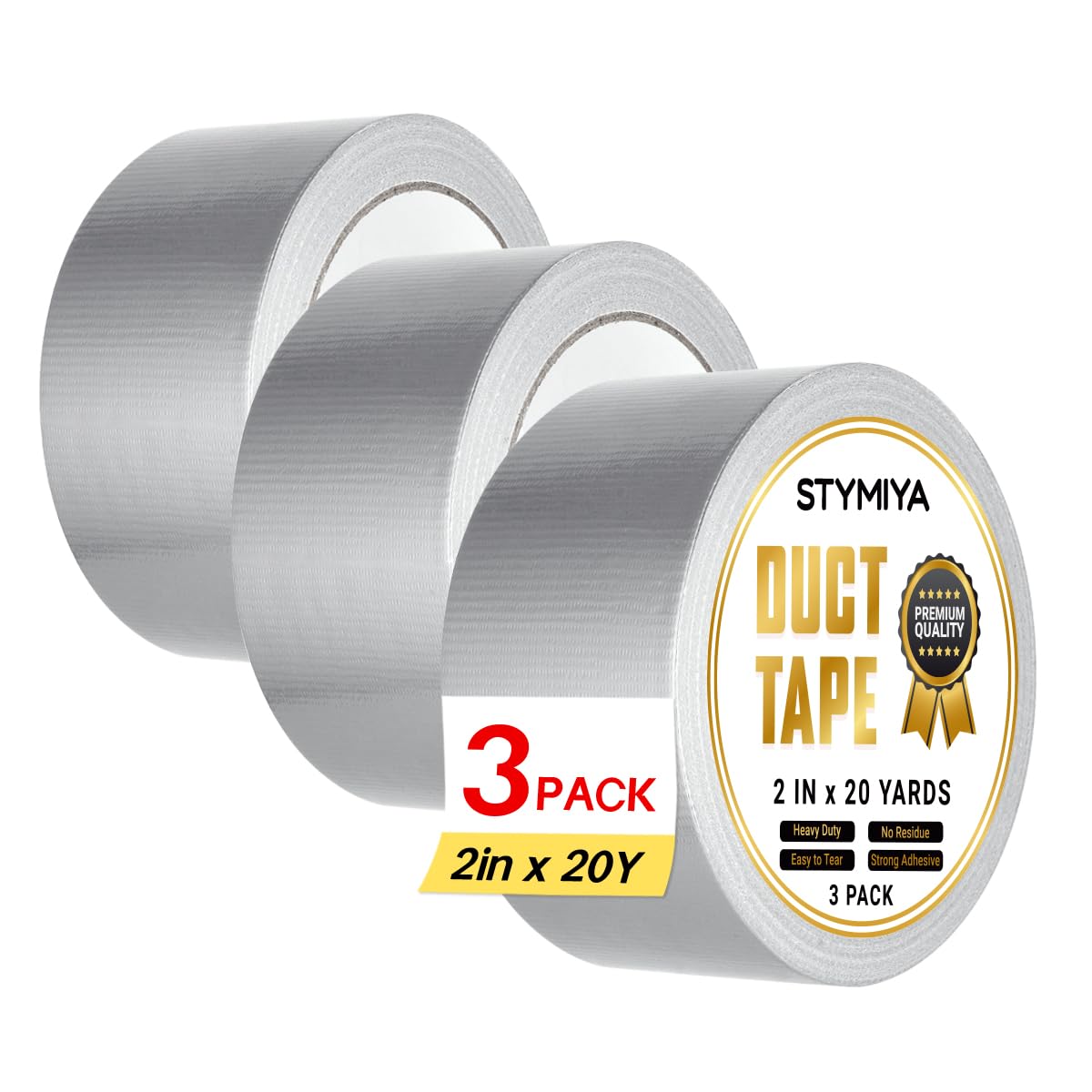 Black Duct Tape Heavy Duty: 3 Rolls 2inch x 20yd Wide Waterproof Outdoor - Strong Adhesive Weather Tapes Repair Bulk Duck - Ductape for Patterns Masking Packing Furniture Kids Craft (3, Silver)