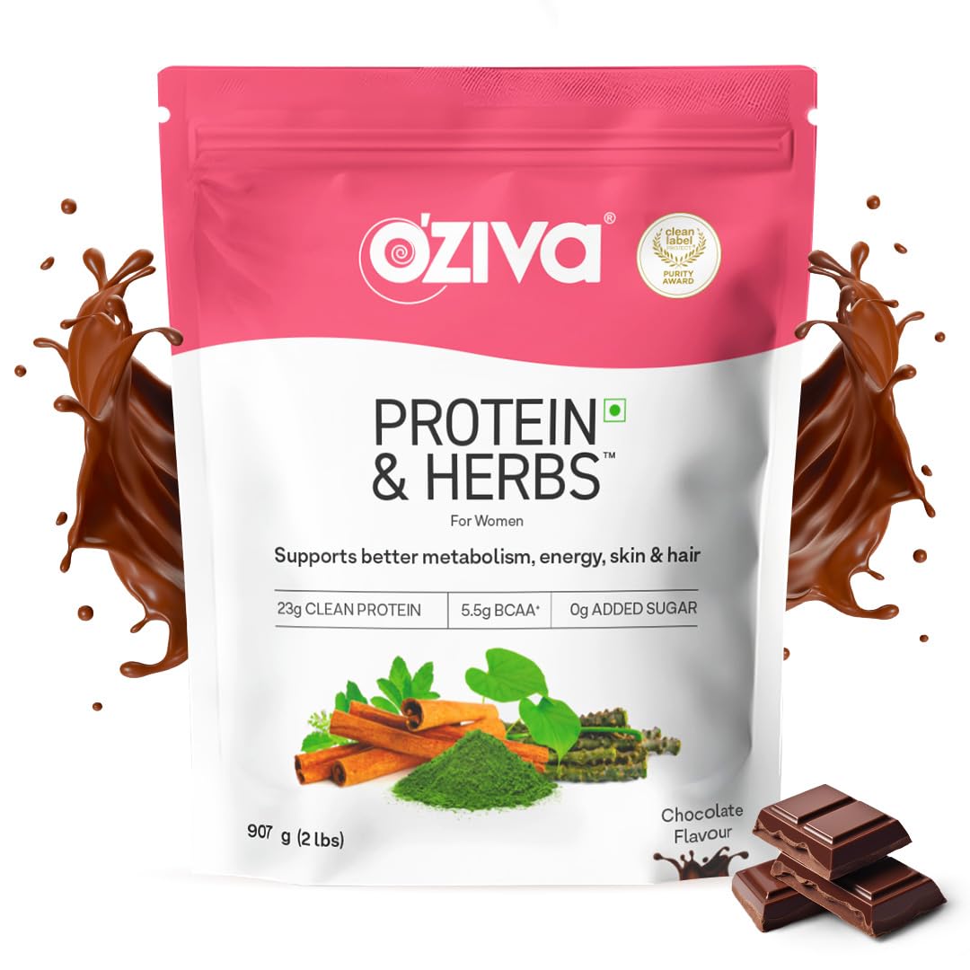 OZiva Protein & Herbs for Women (Chocolate) I Manage Weight, Energy & Metabolism | Clean Protein, Shatavari, Green Tea I No Added Sugar, 2lbs (907gm)