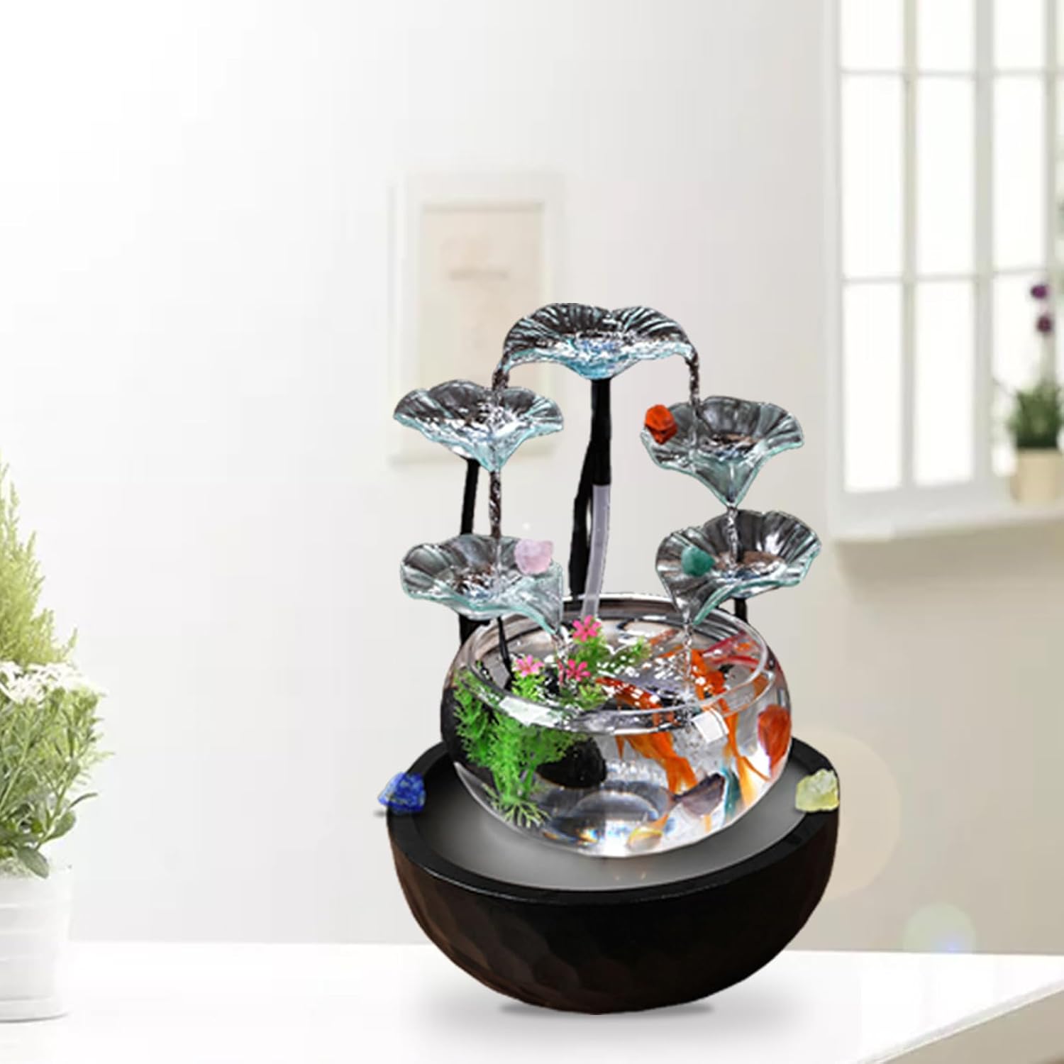 Tabletop Flowing Water Fish Tank Fountain with Glass Petals – Indoor Desktop Decor, Humidifying Mist Maker, LED Waterfall Feature, 16.1in Height Free Pack of Crystals (Black)