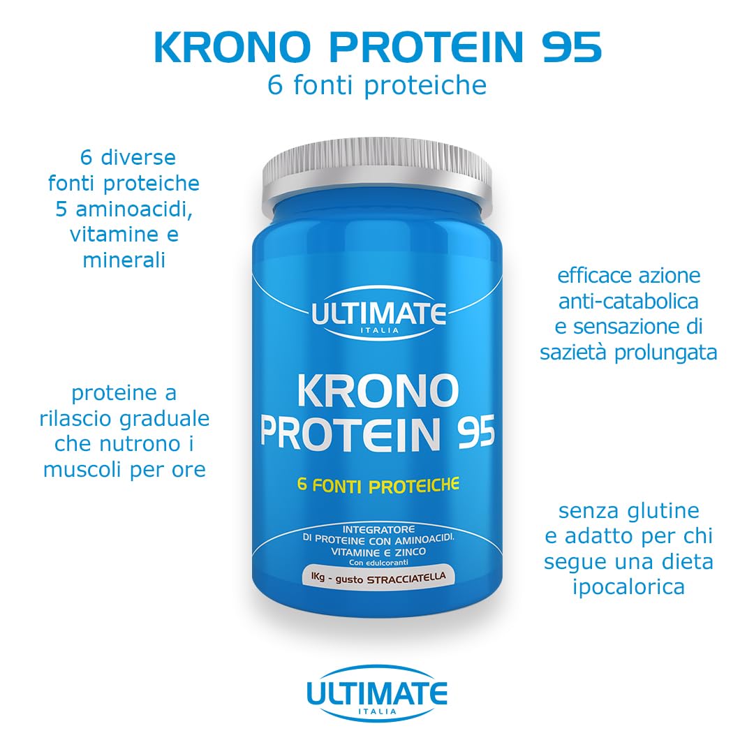 Ultimate Italia - Krono Protein 95-1kg - gusto stracciatella - 6 fonti di proteine a rilascio graduale e 5 aminoacidi che nutrono i muscoli per ore
