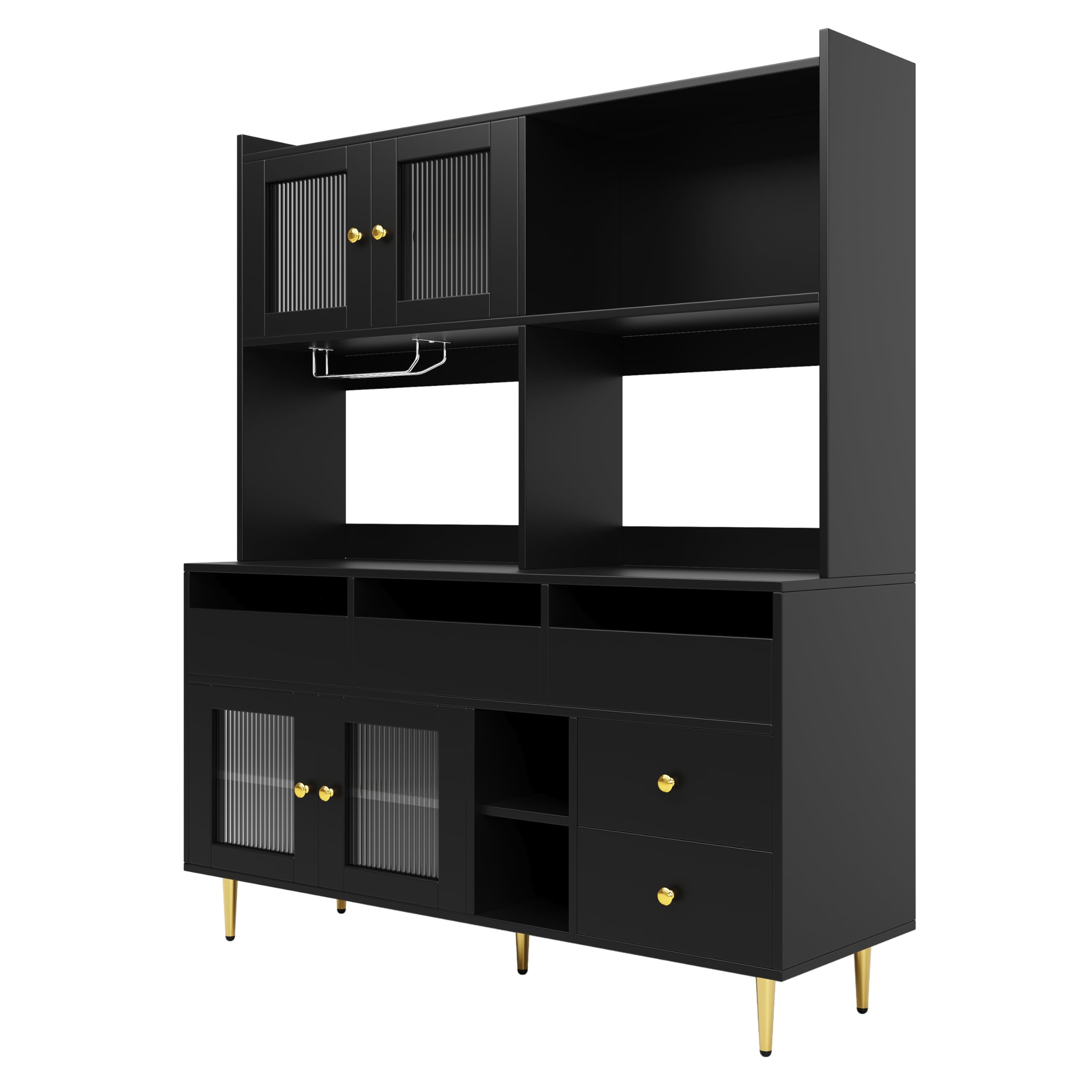 Armario Alto 145x39x171 cm con Puerta de Cristal cajones botellero estantes Abiertos Buffet para salón Comedor restaurantes aparador armarios de almacenaje Negro