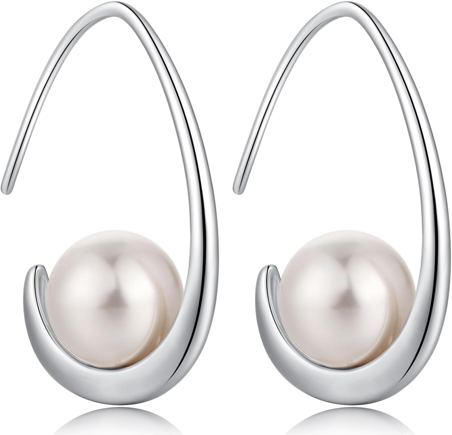 Jiamiaoi 18k White Gold Plated Pearl Earrings,925 Sterling Silver Pearl Drop Earrings for Women,Trendy Hook Jewelry